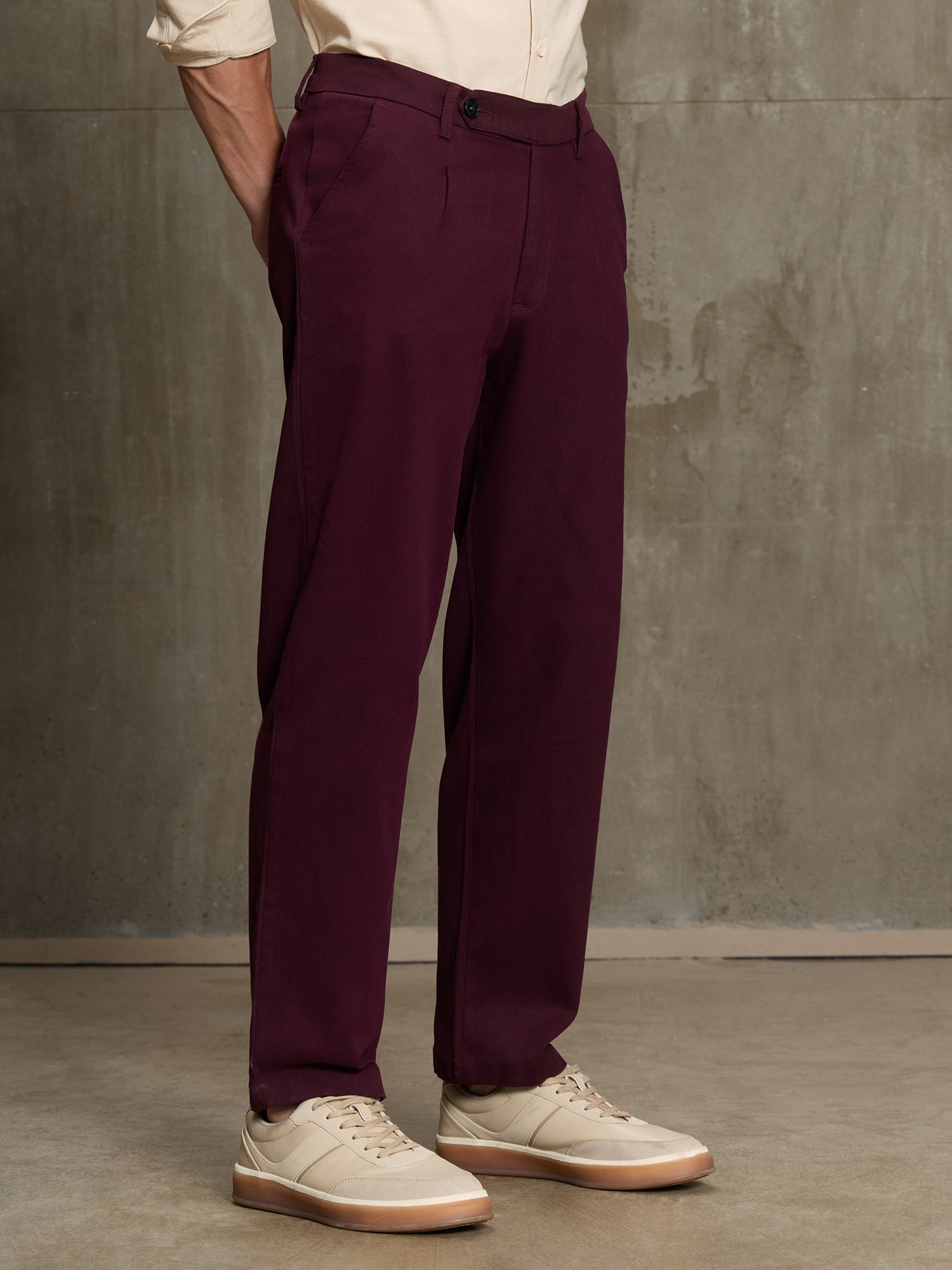 Men Burgundy Solid Regular Fit Formal Trousers