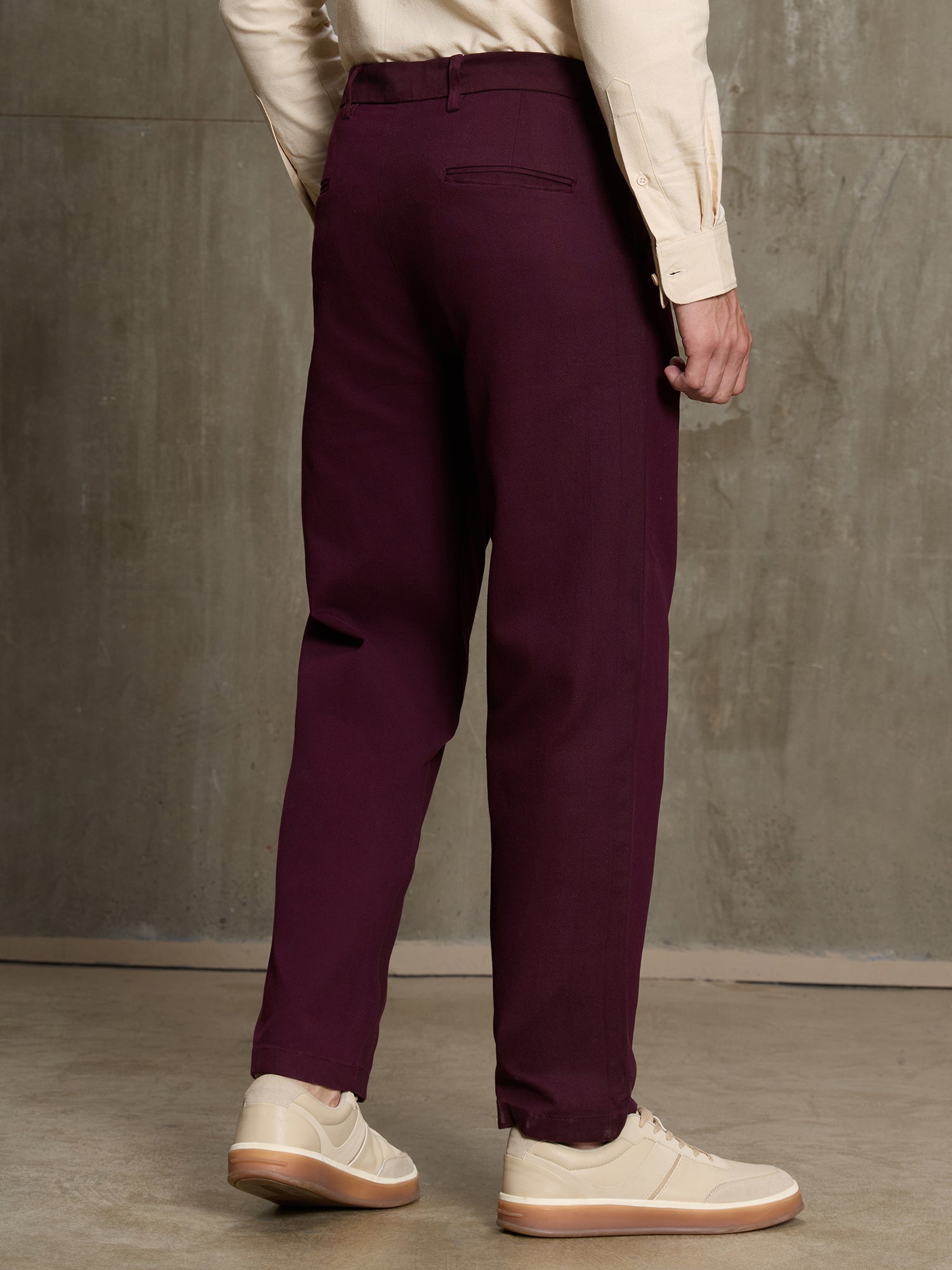 Men Burgundy Solid Regular Fit Formal Trousers