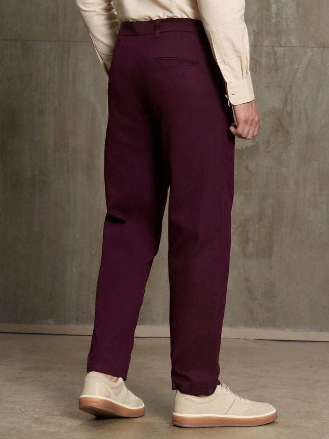 Men Burgundy Solid Regular Fit Formal Trousers