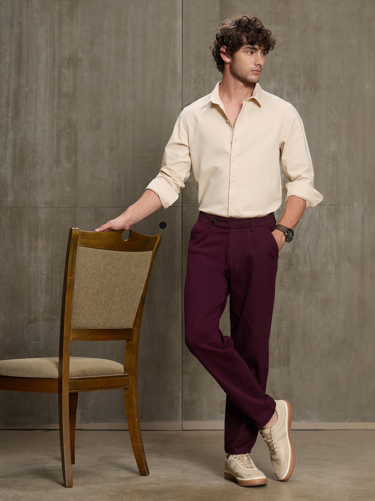 Men Burgundy Solid Regular Fit Formal Trousers