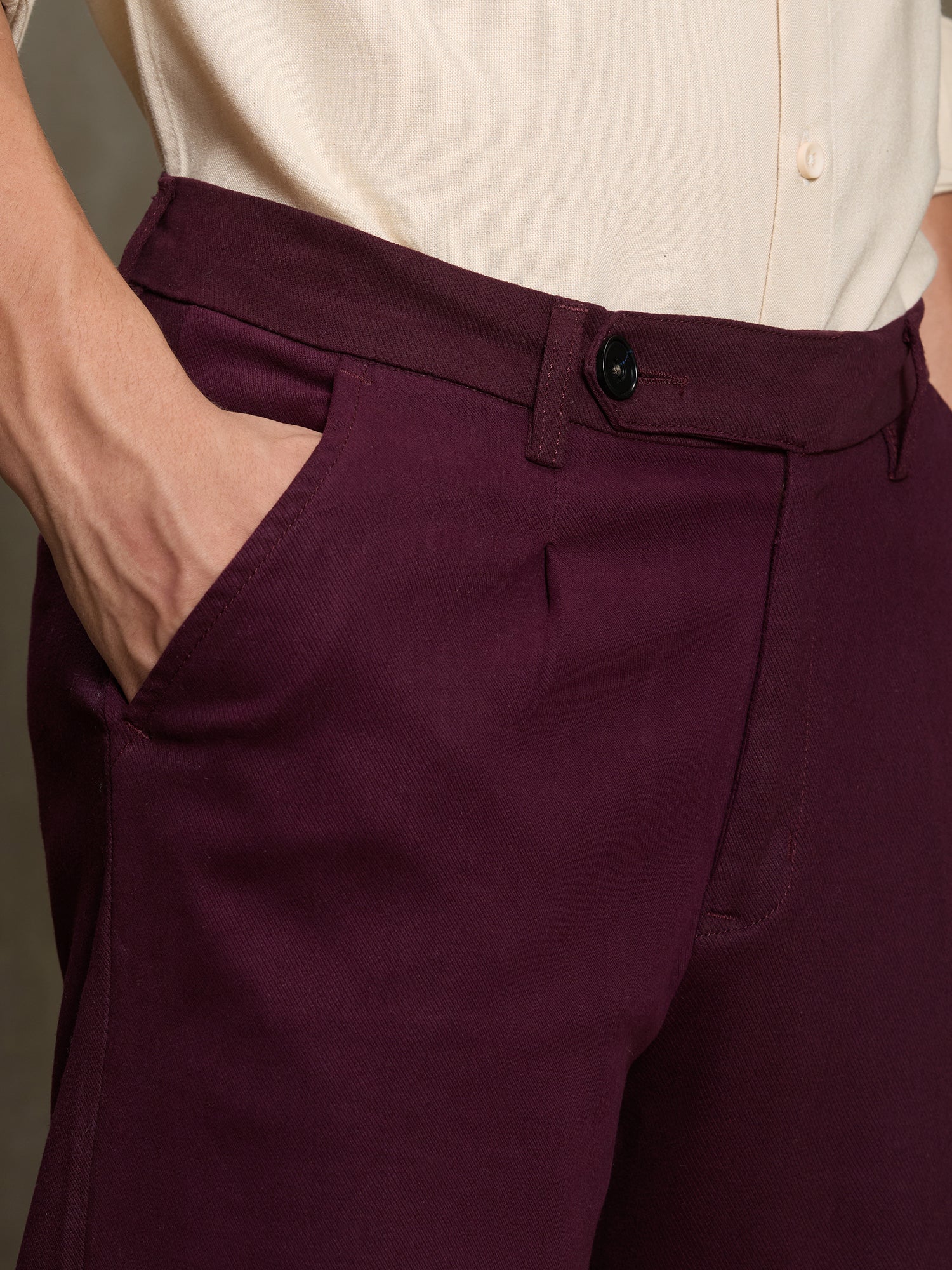 Men Burgundy Solid Regular Fit Formal Trousers
