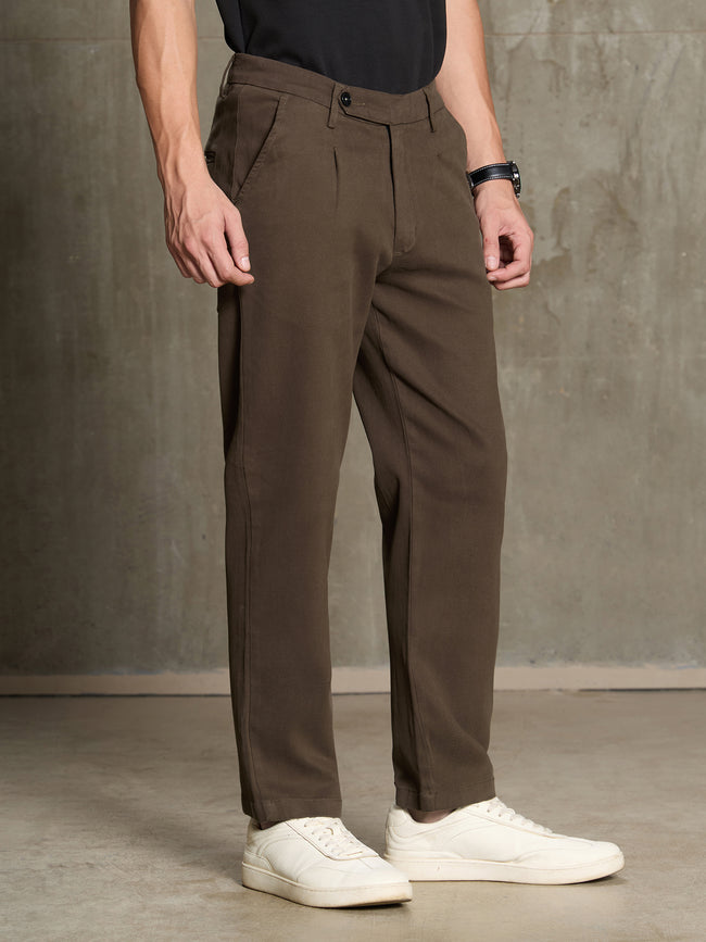 Men Brown Solid Regular Fit Casual Trousers