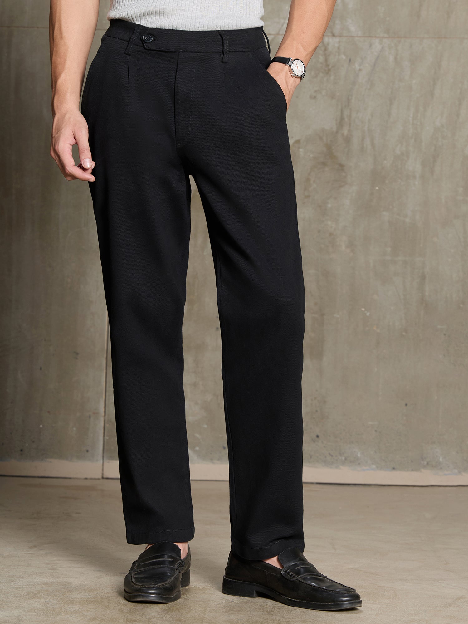 Men Black Solid Regular Fit Formal Trousers
