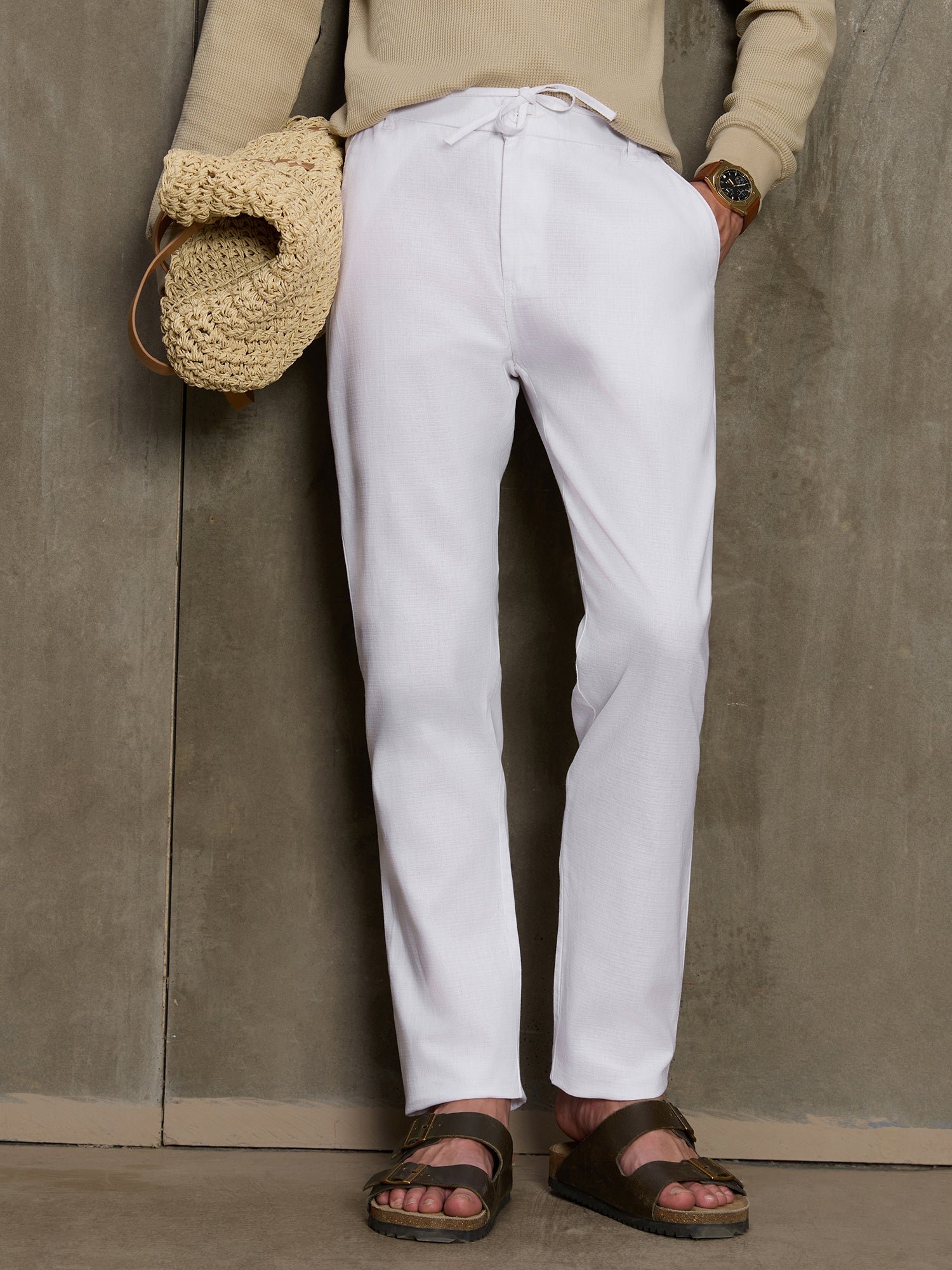 Men White Solid Regular Fit Casual Trousers