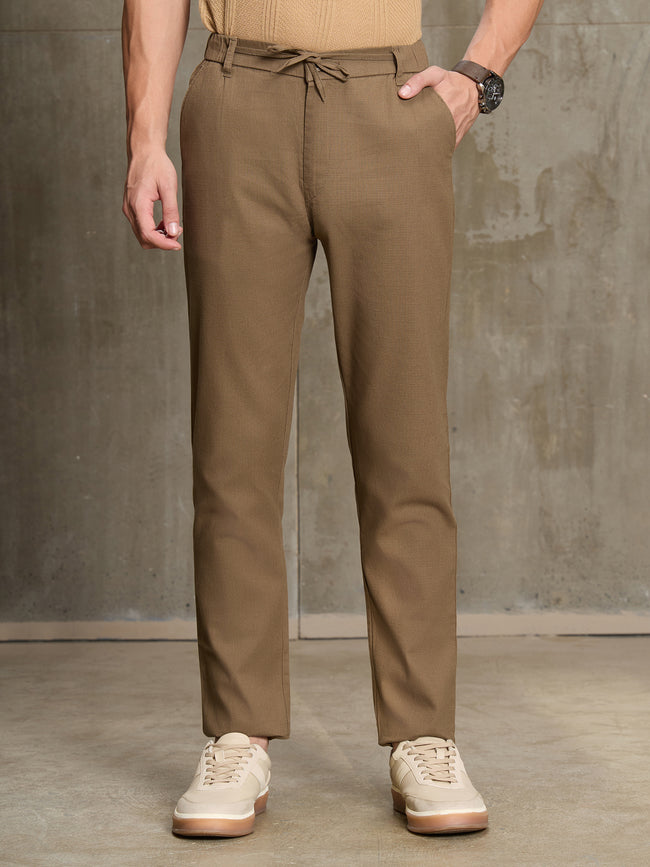 Men Brown Solid Slim Fit Casual Trousers
