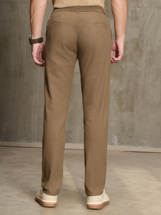 Men Brown Solid Slim Fit Casual Trousers