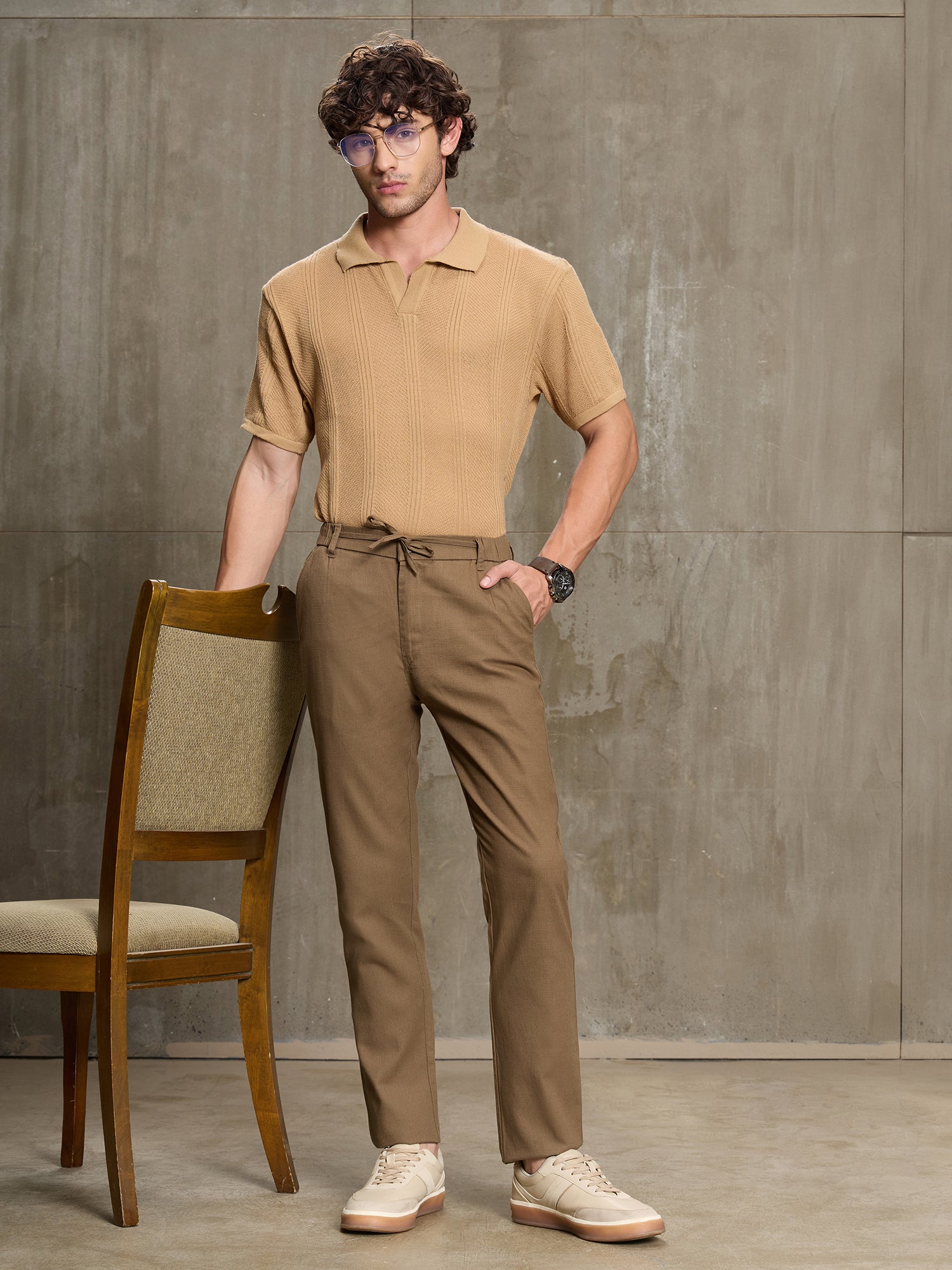 Men Brown Solid Slim Fit Casual Trousers