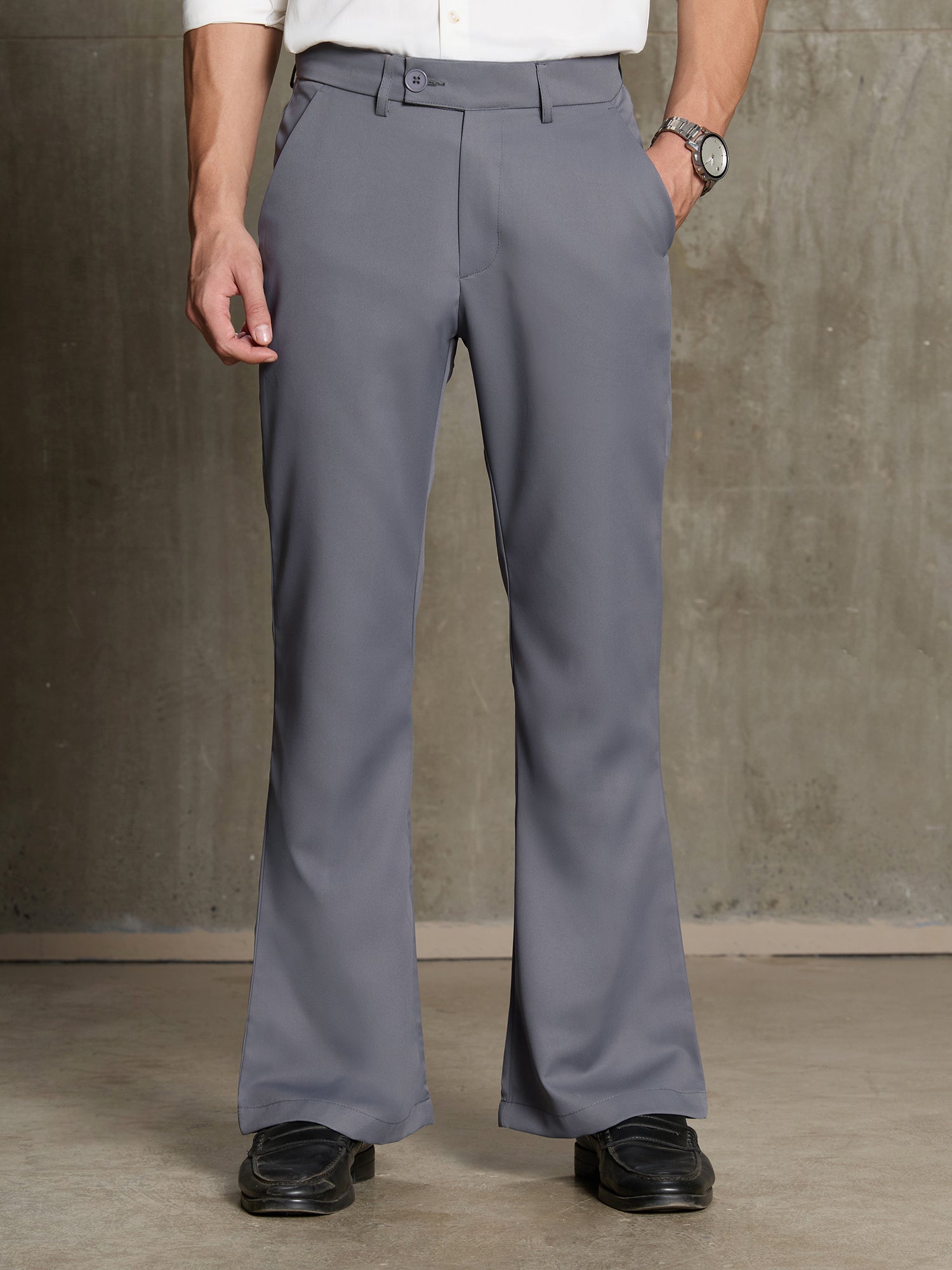 Men Grey Solid Bootcut Formal Trousers