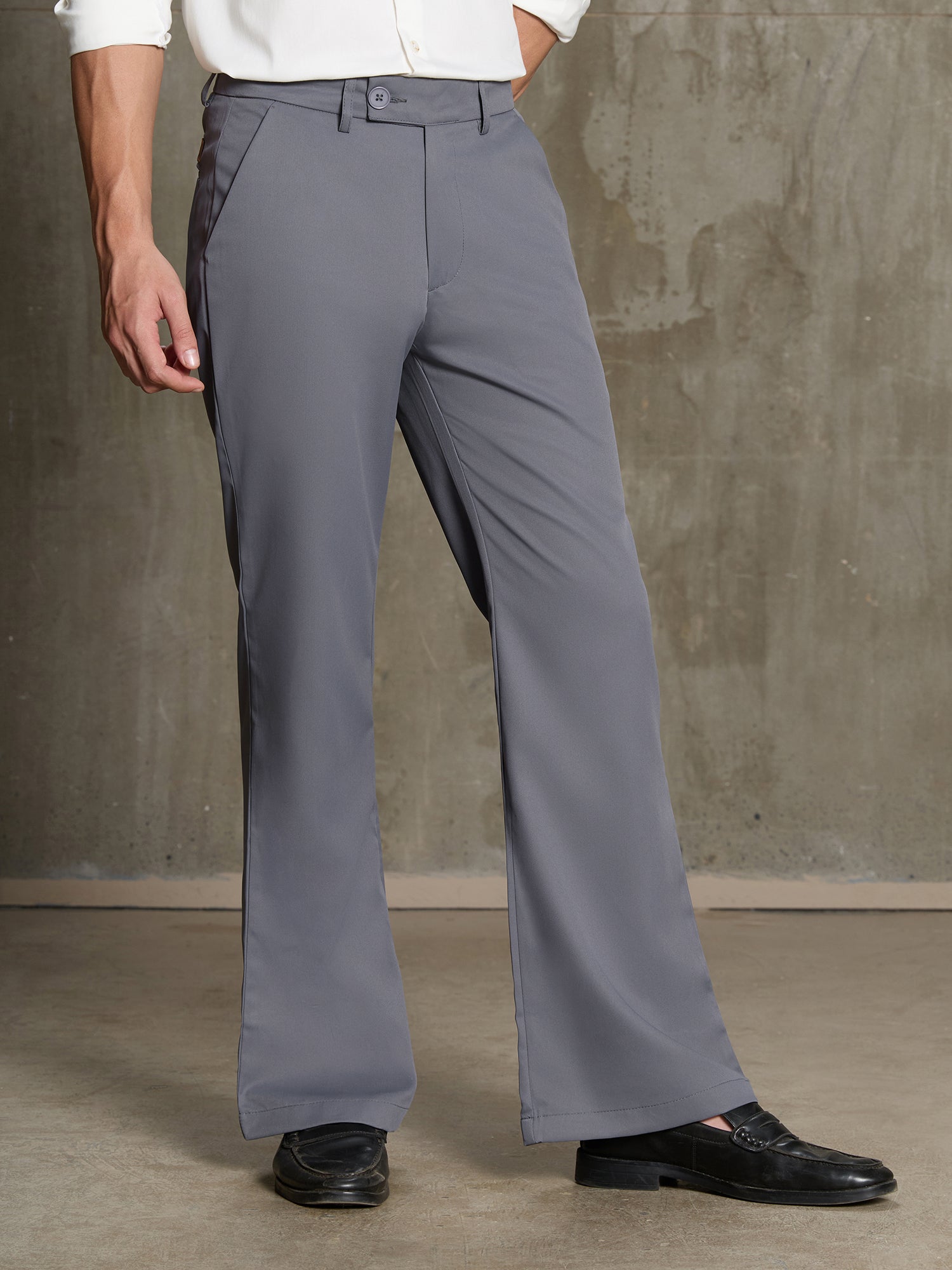 Men Grey Solid Bootcut Formal Trousers
