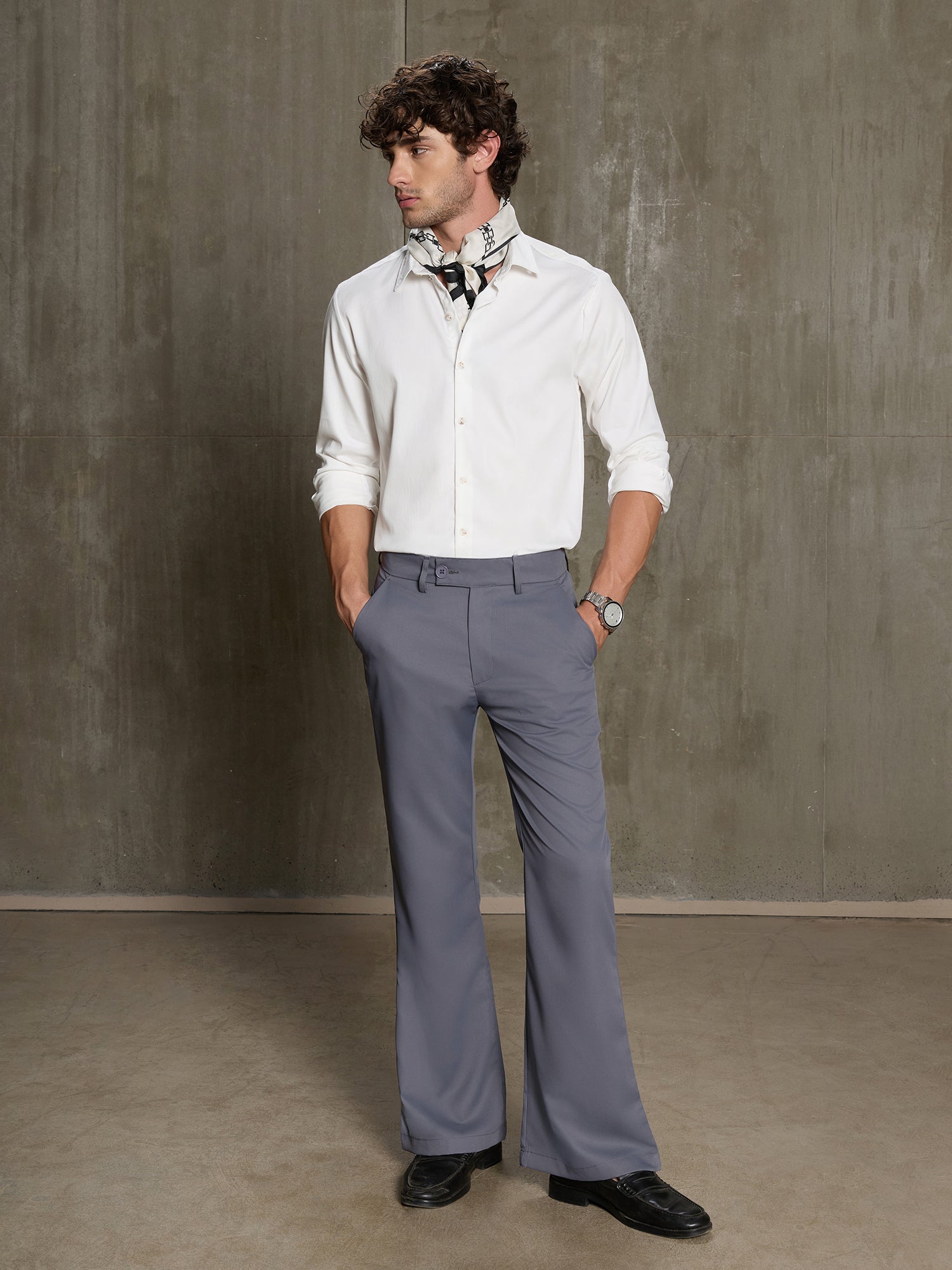 Men Grey Solid Bootcut Formal Trousers