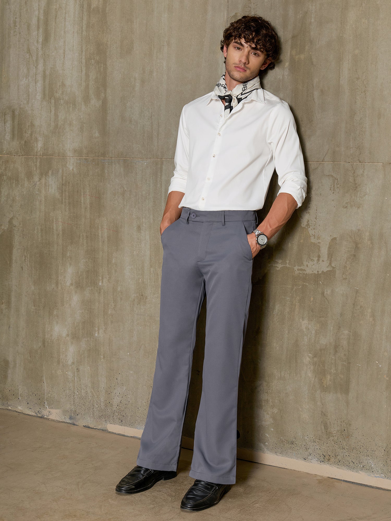Men Grey Solid Bootcut Formal Trousers