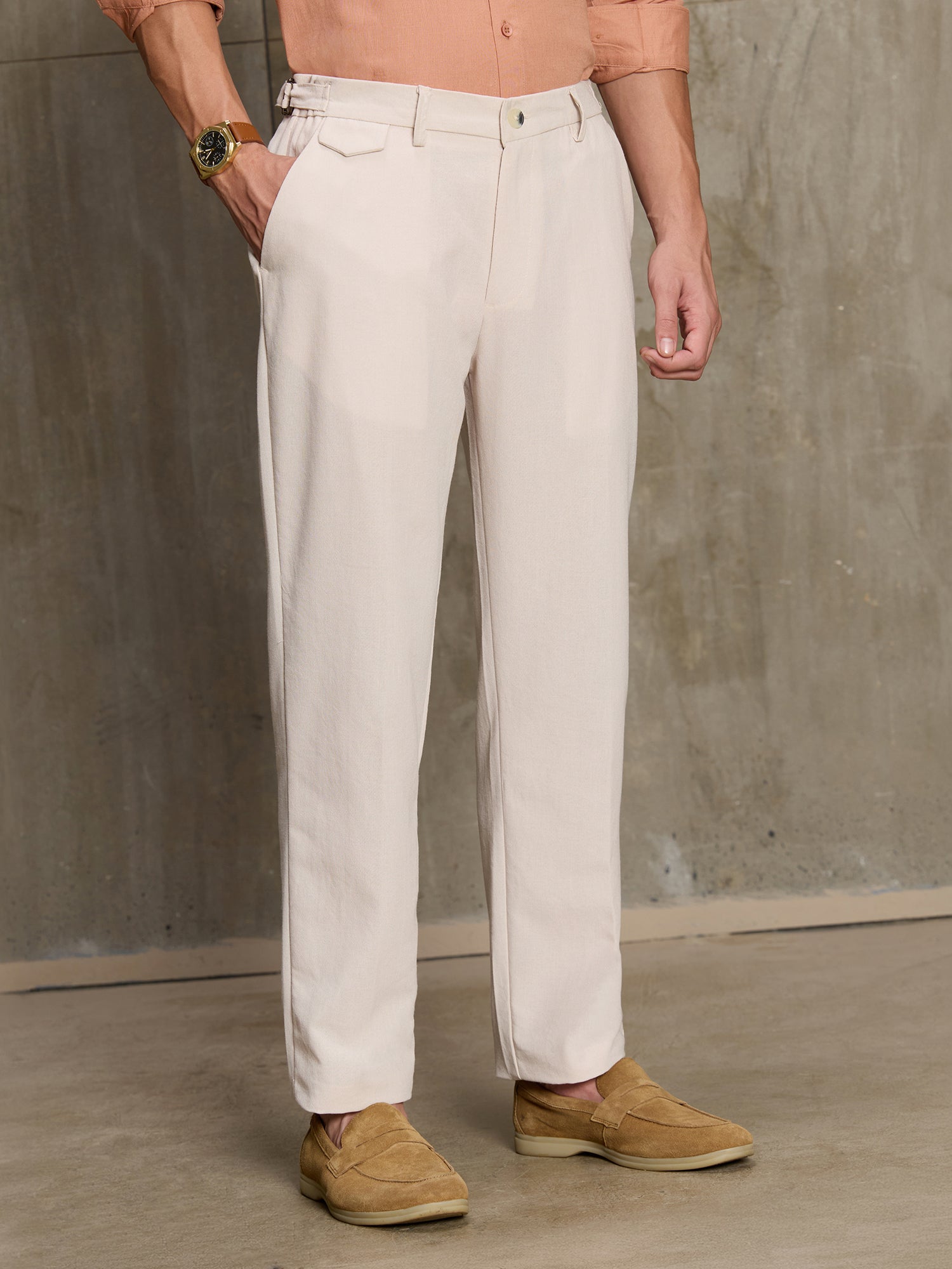 Men Beige Solid Smart Regular Fit Casual Trousers