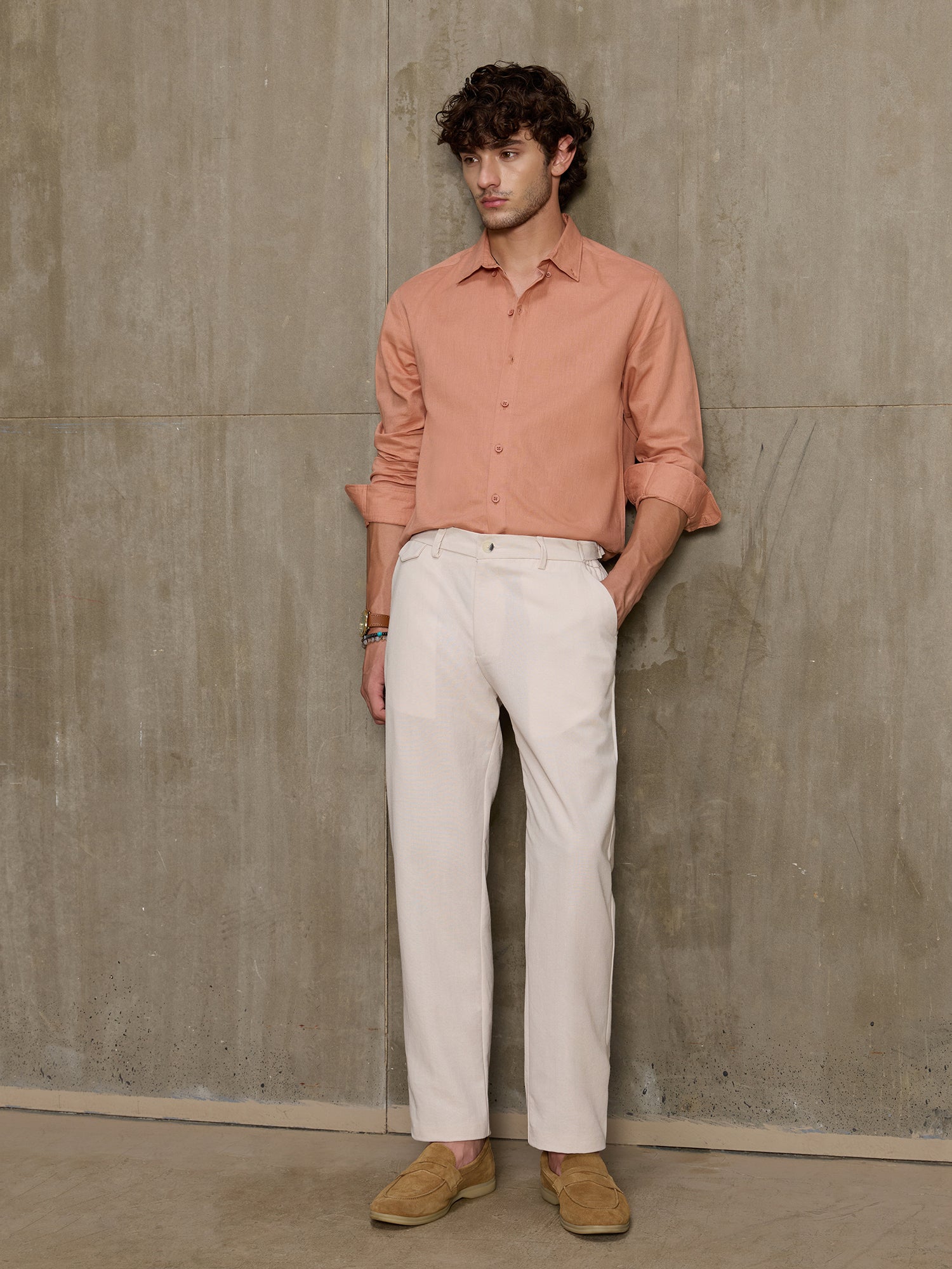 Men Beige Solid Smart Regular Fit Casual Trousers