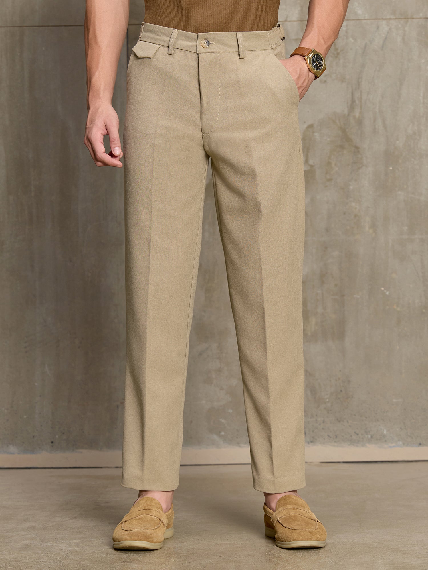 Men Beige Solid Regular Fit Formal Trousers
