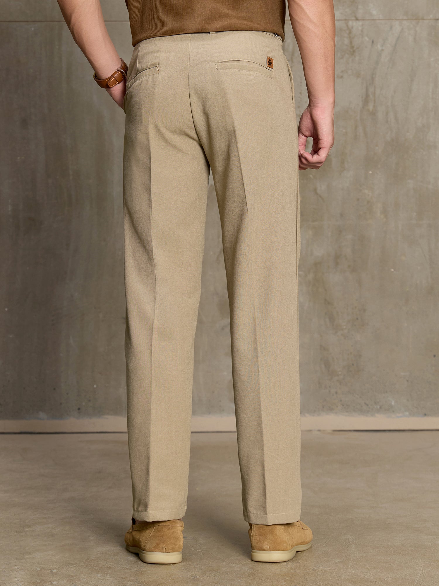 Men Beige Solid Regular Fit Formal Trousers