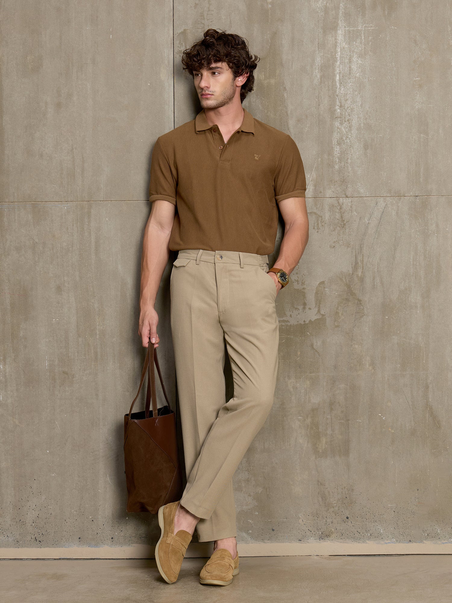 Men Beige Solid Regular Fit Formal Trousers