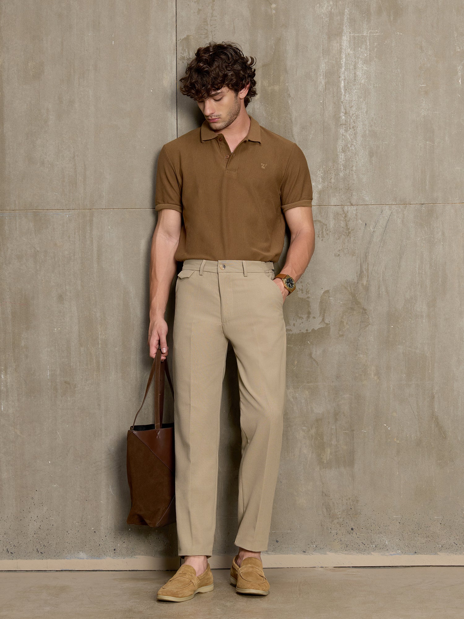 Men Beige Solid Regular Fit Formal Trousers