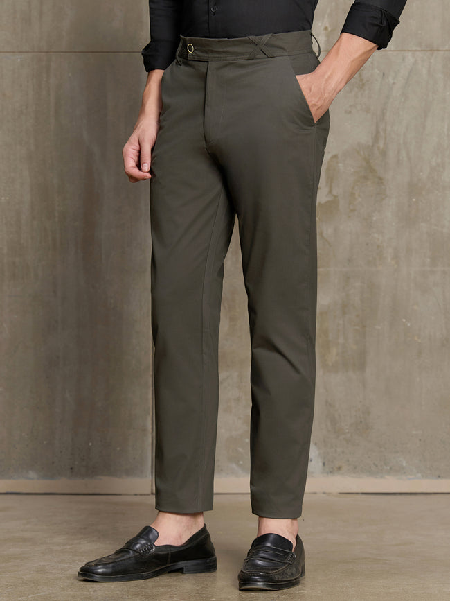Men Olive Solid Slim Fit Formal Trousers