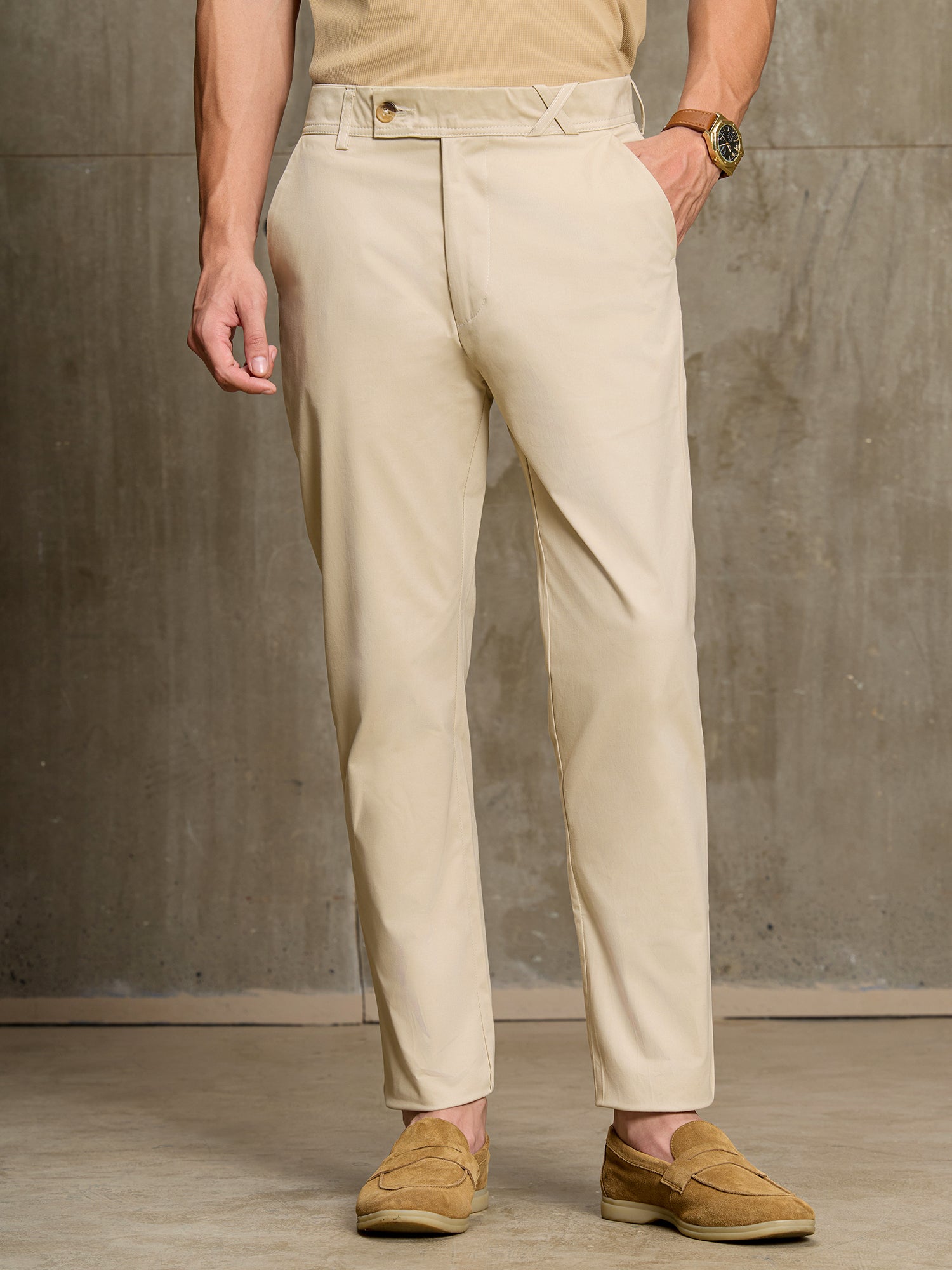 Men Beige Solid Slim Fit Casual Trousers