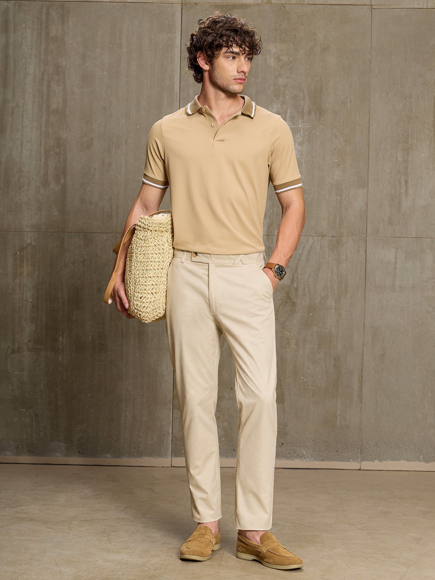 Men Beige Solid Slim Fit Casual Trousers