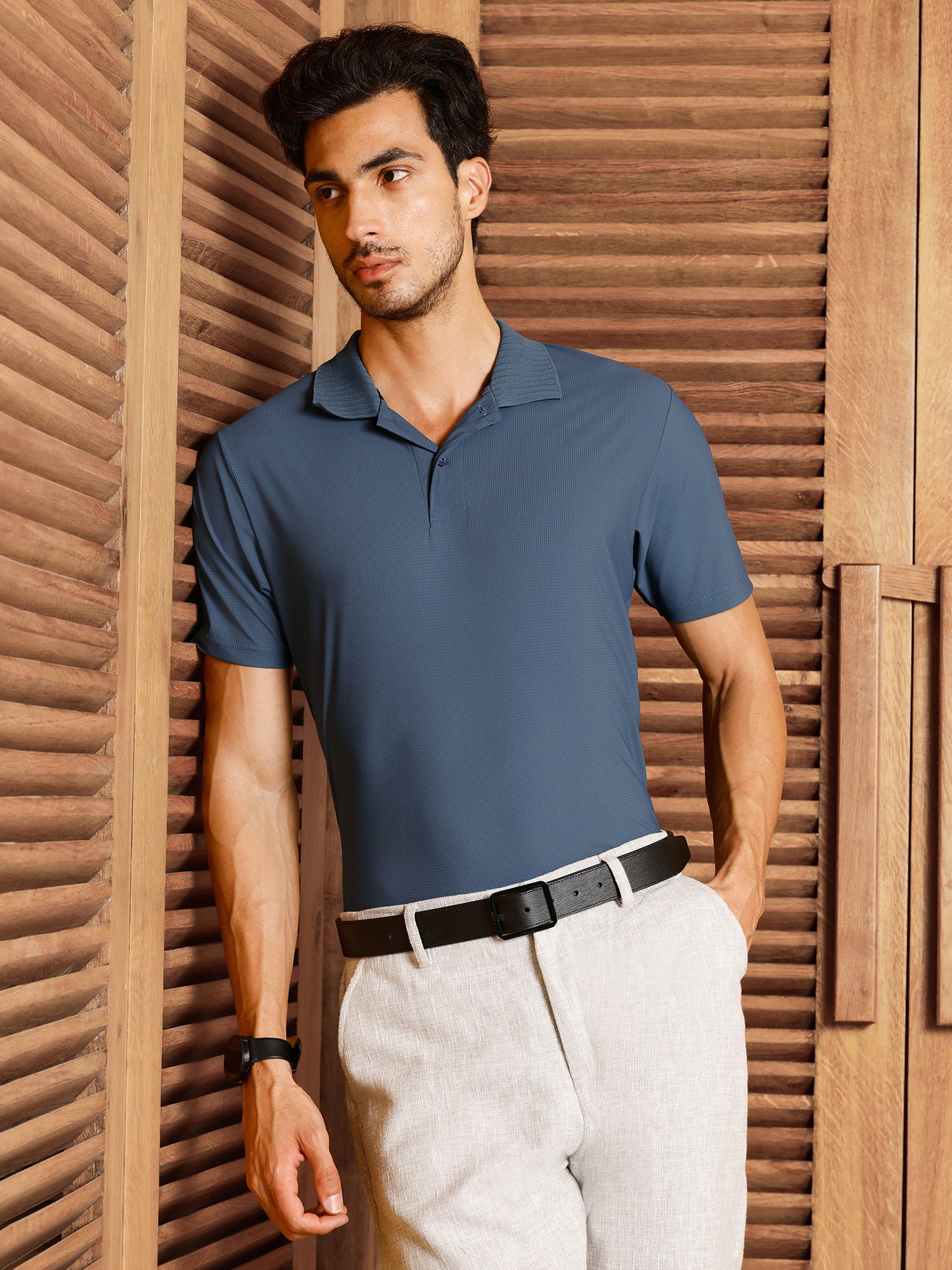 Men Blue Self Design T-Shirt