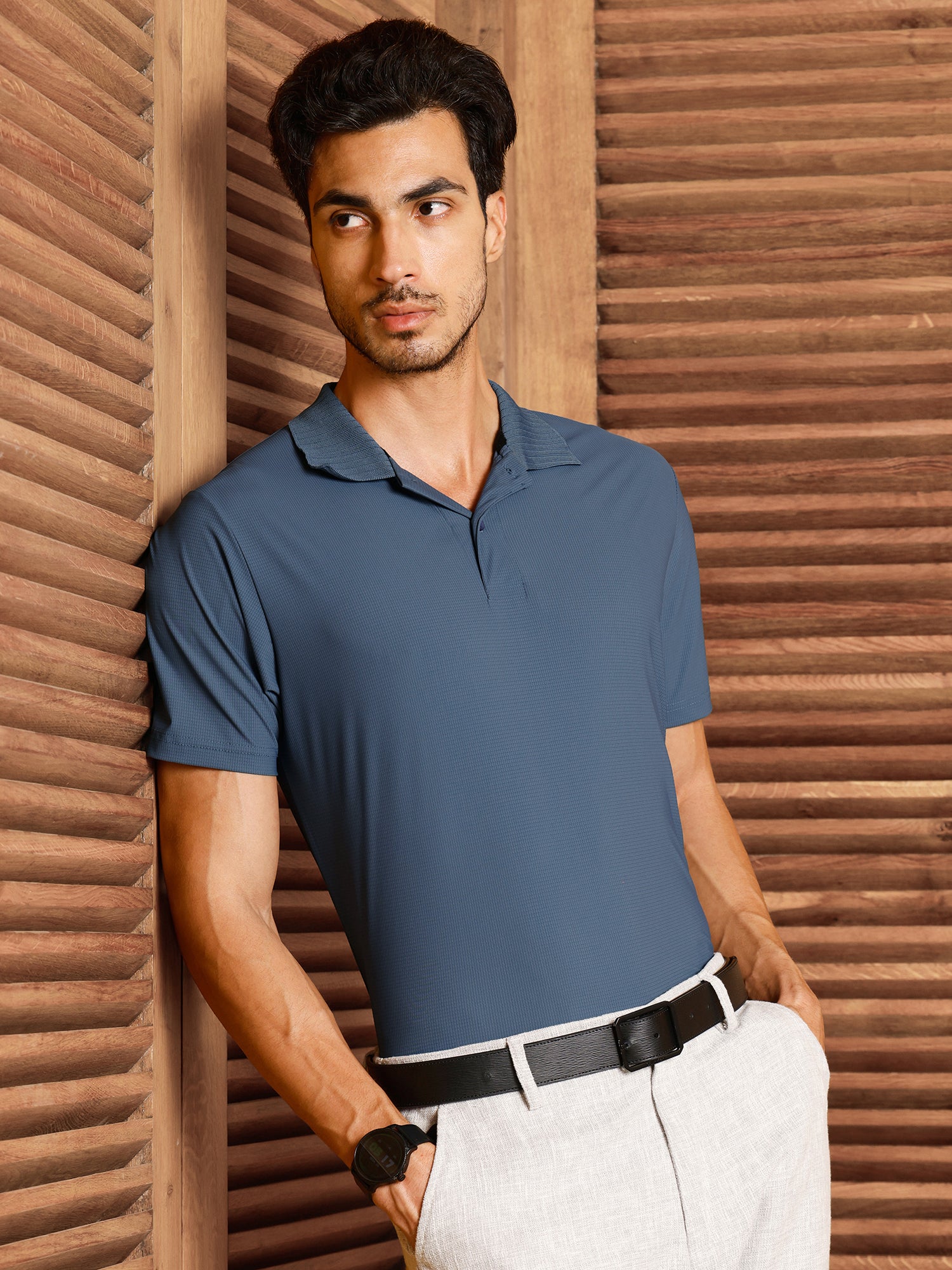 Men Blue Self Design T-Shirt