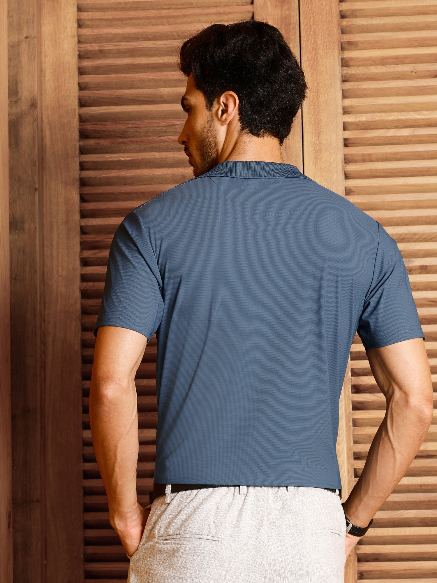 Men Blue Self Design T-Shirt
