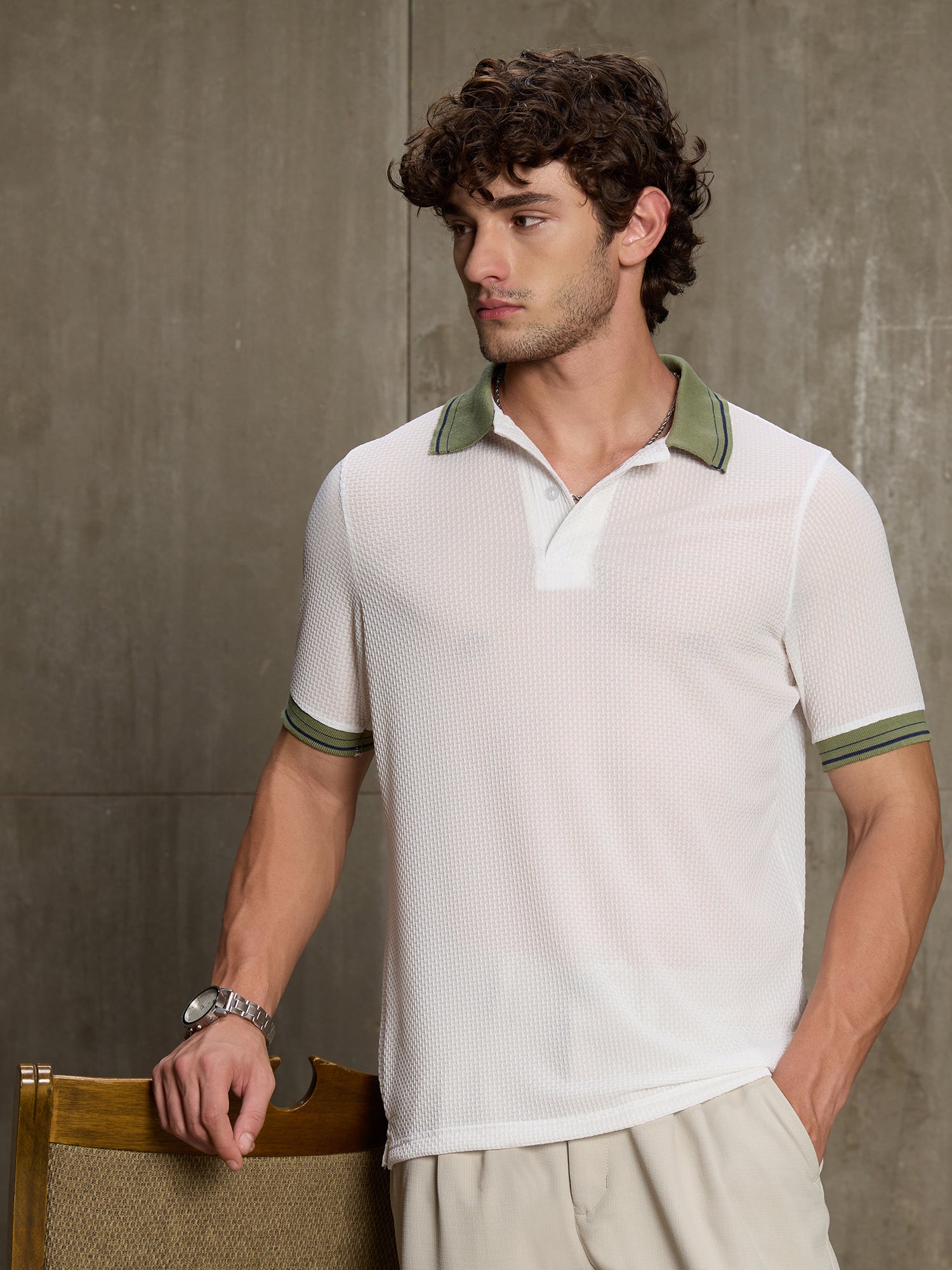Men White Self-Design Half Sleeve Casual T-Shirt