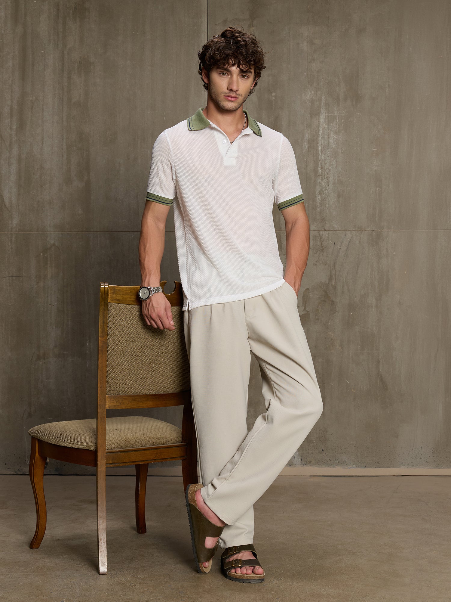Men White Self-Design Half Sleeve Casual T-Shirt