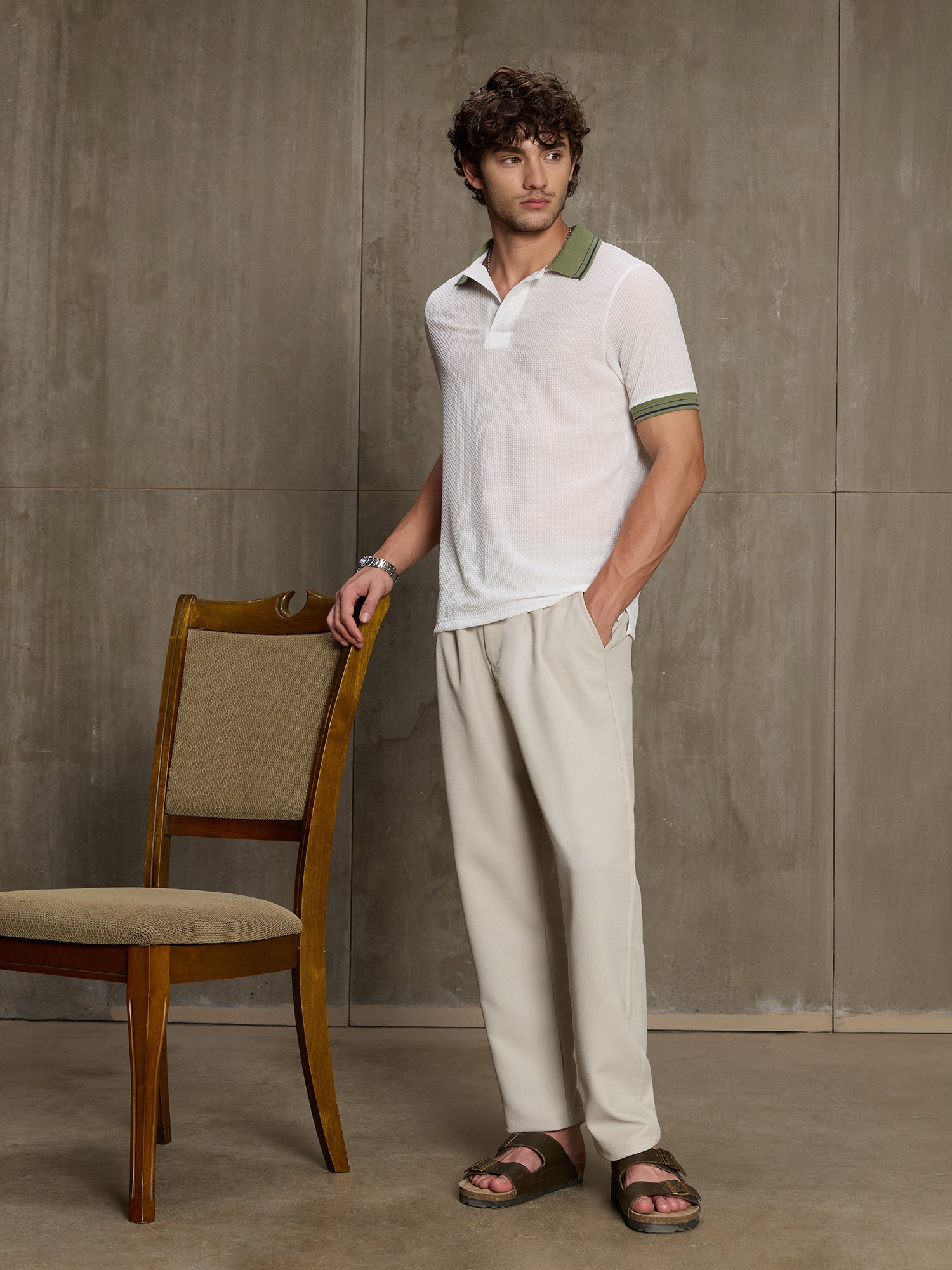 Men White Self-Design Half Sleeve Casual T-Shirt
