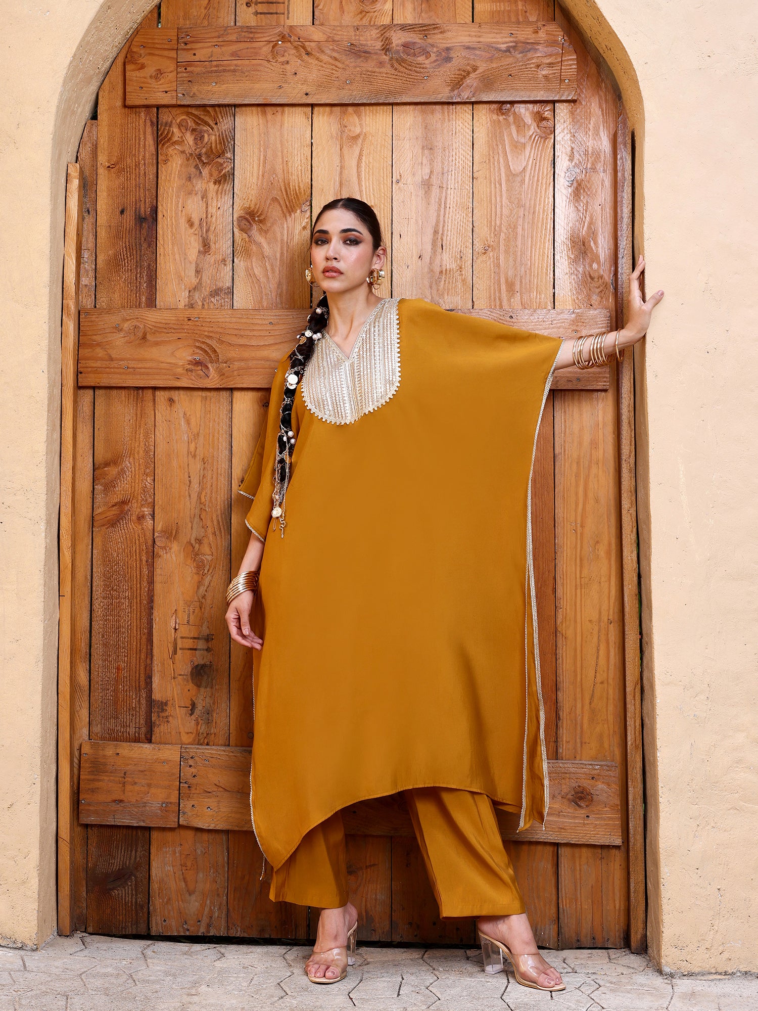 Women Mustard Yellow Zari Embroidered Kaftan Kurta with Trousers Set
