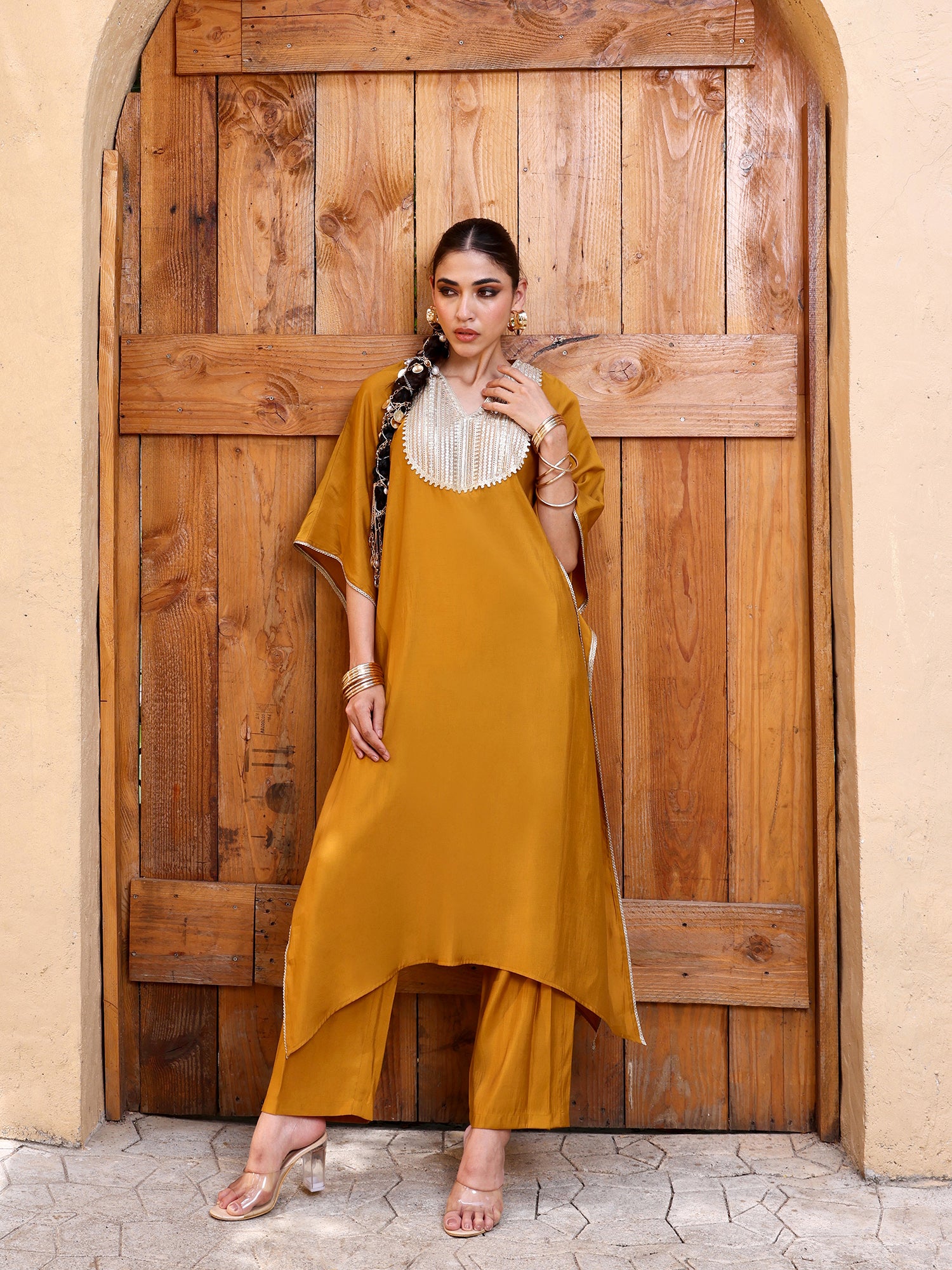 Women Mustard Yellow Zari Embroidered Kaftan Kurta with Trousers Set
