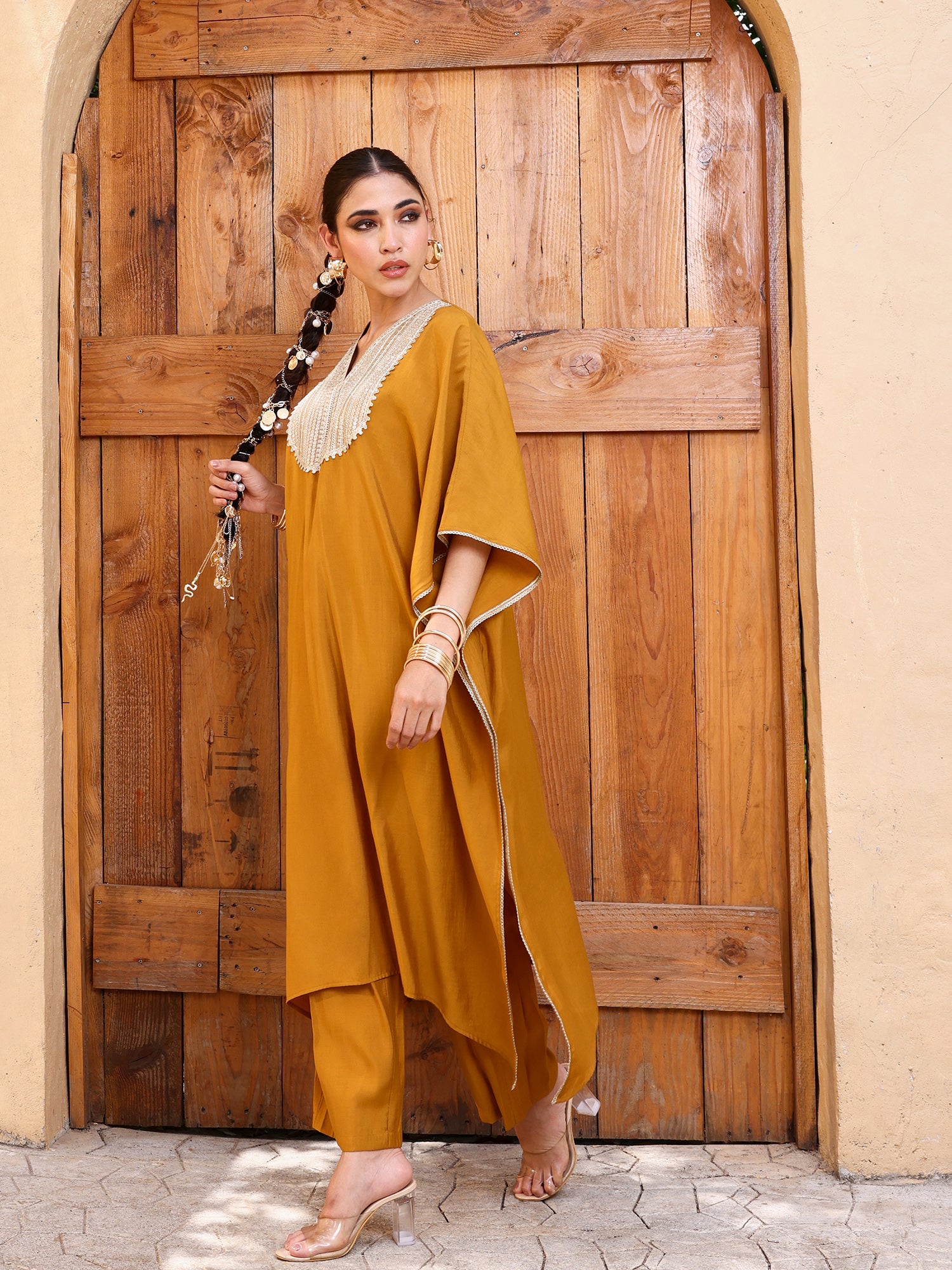 Women Mustard Yellow Zari Embroidered Kaftan Kurta with Trousers Set