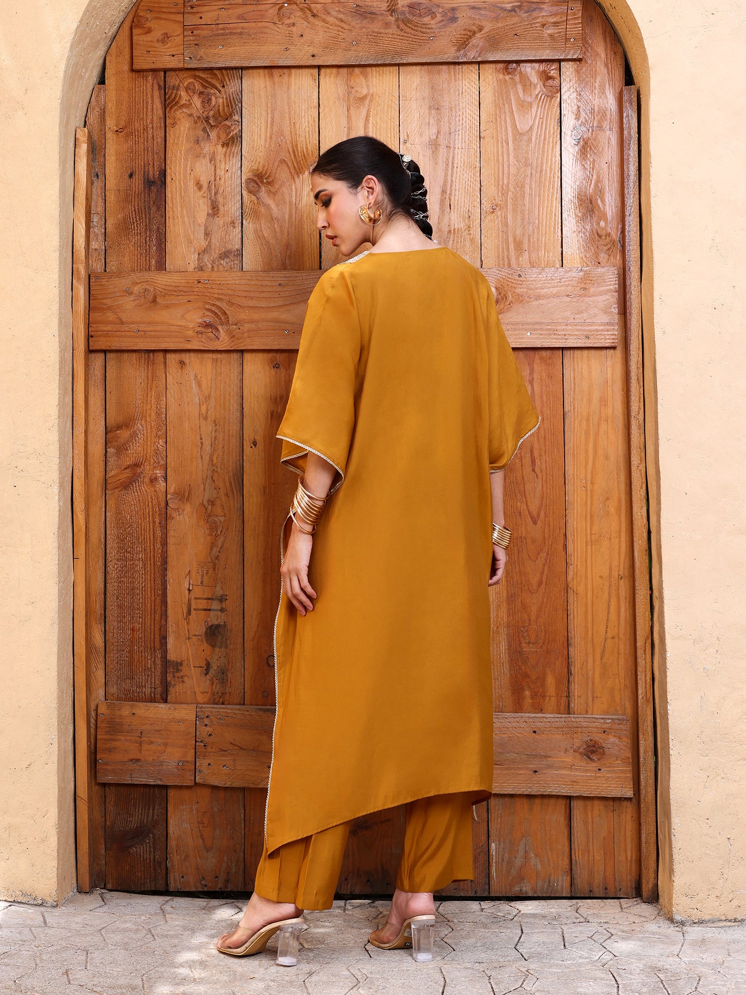 Women Mustard Yellow Zari Embroidered Kaftan Kurta with Trousers Set
