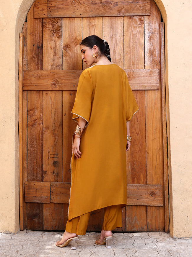 Women Mustard Yellow Zari Embroidered Kaftan Kurta with Trousers Set