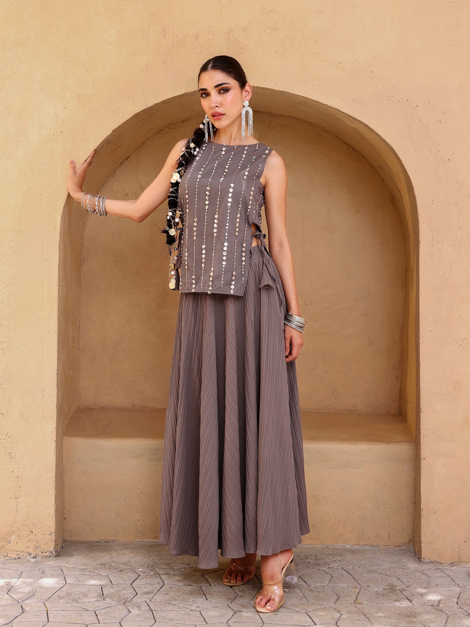 Women Grey Embellished Poly Georgette Sleeveless Top with Flared Palazzo Lehenga Set