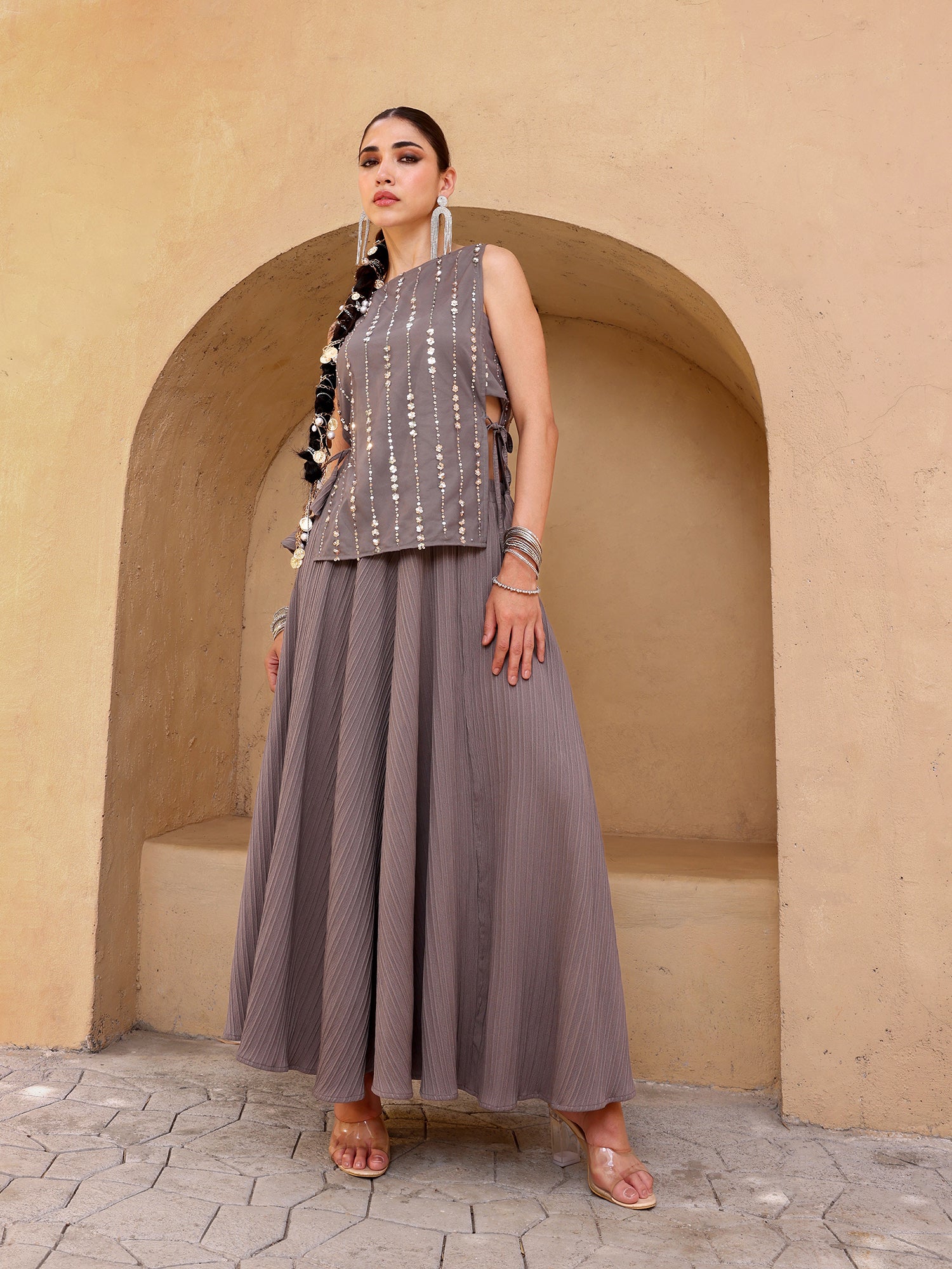 Women Grey Embellished Poly Georgette Sleeveless Top with Flared Palazzo Lehenga Set