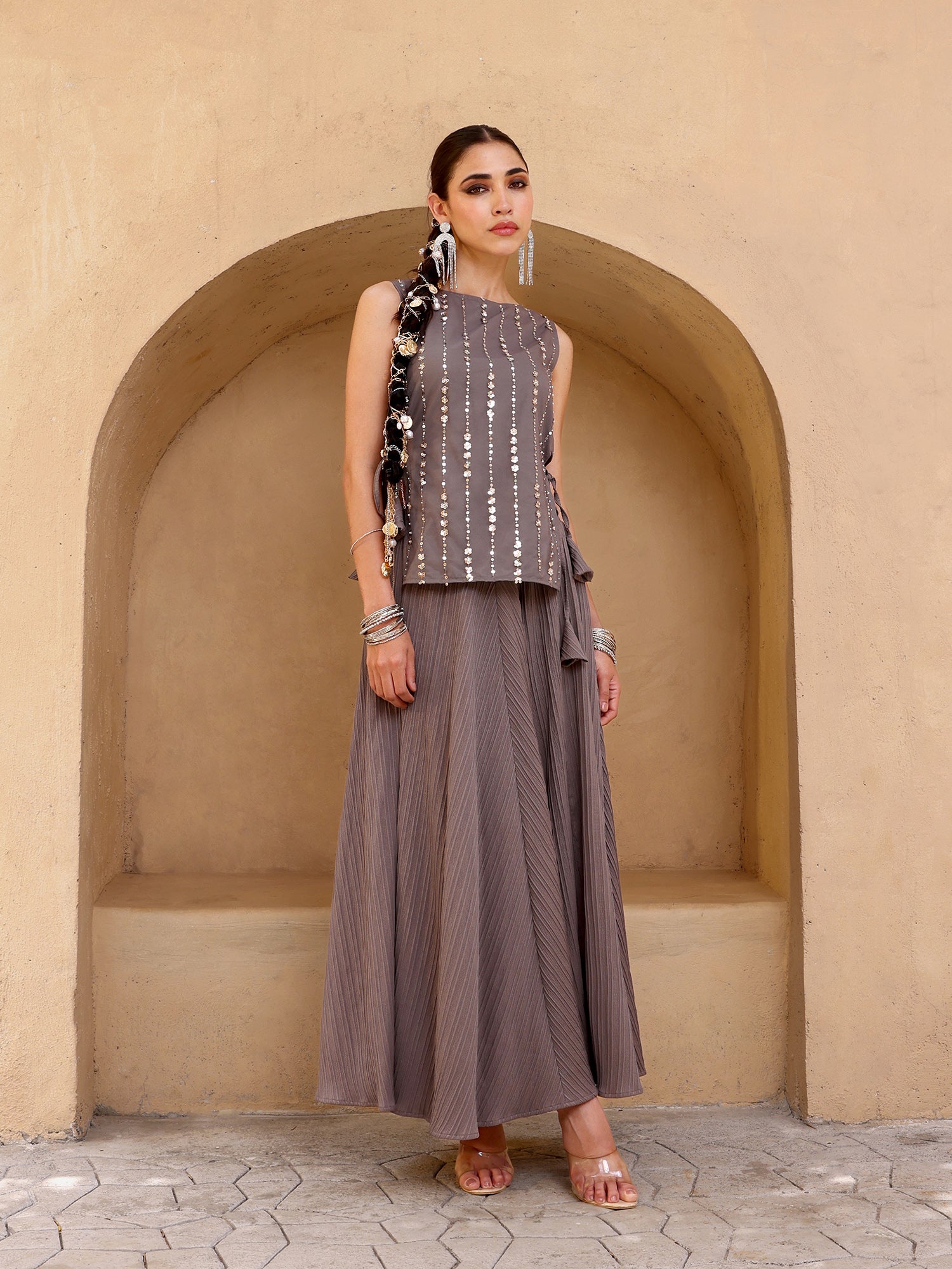 Women Grey Embellished Poly Georgette Sleeveless Top with Flared Palazzo Lehenga Set