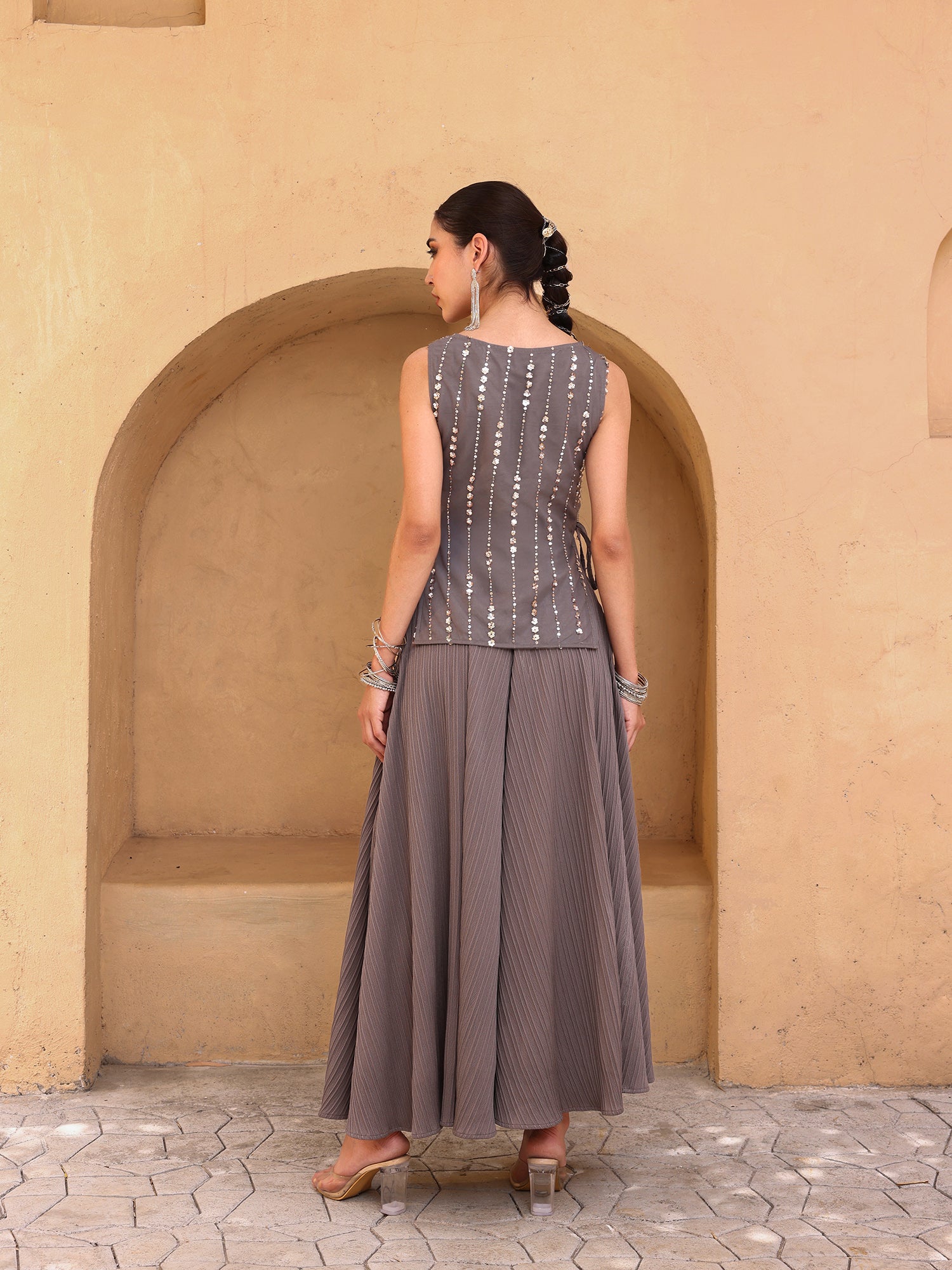 Women Grey Embellished Poly Georgette Sleeveless Top with Flared Palazzo Lehenga Set