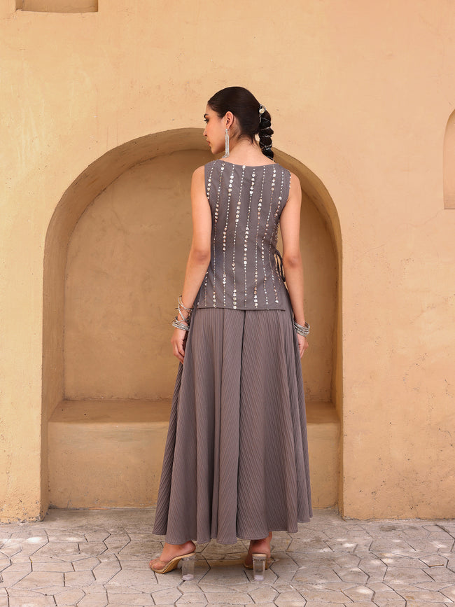 Women Grey Embellished Poly Georgette Sleeveless Top with Flared Palazzo Lehenga Set