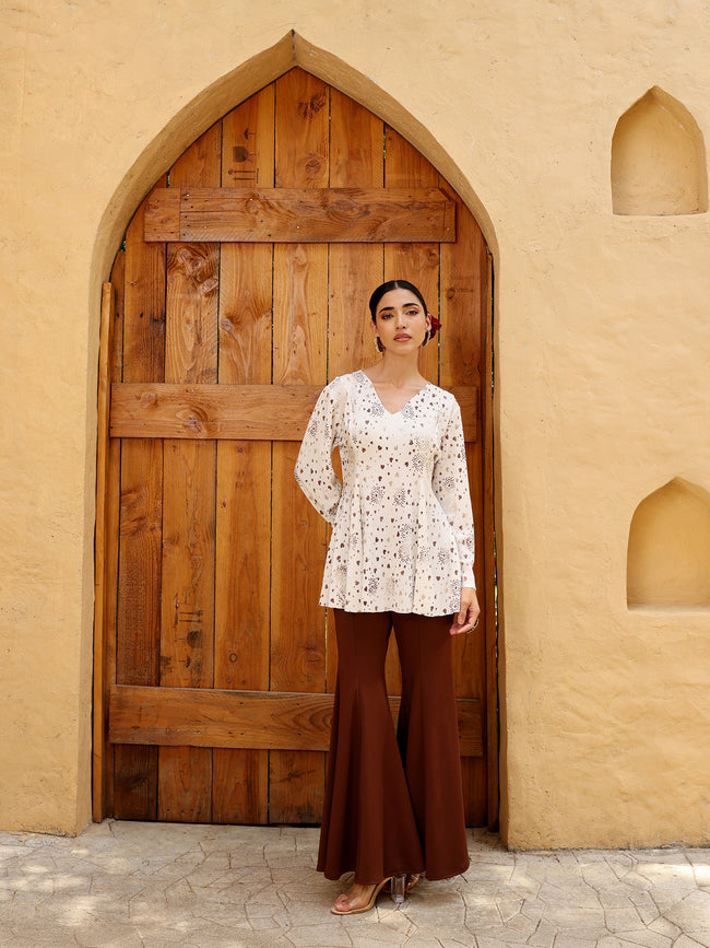 Women White Printed Pleated Peplum Top and Brown Flared Trousers Co-ord Set