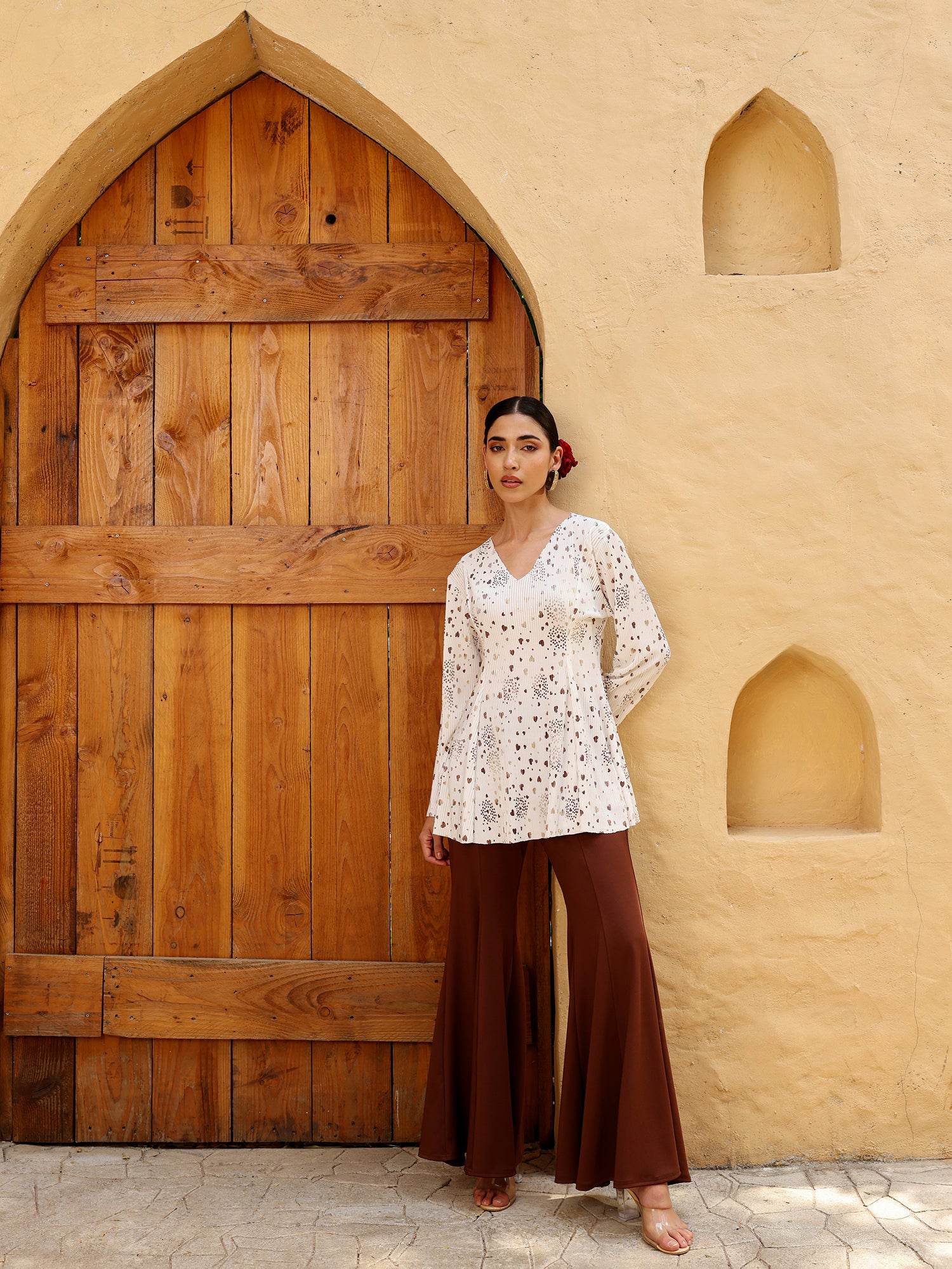 Women White Printed Pleated Peplum Top and Brown Flared Trousers Co-ord Set