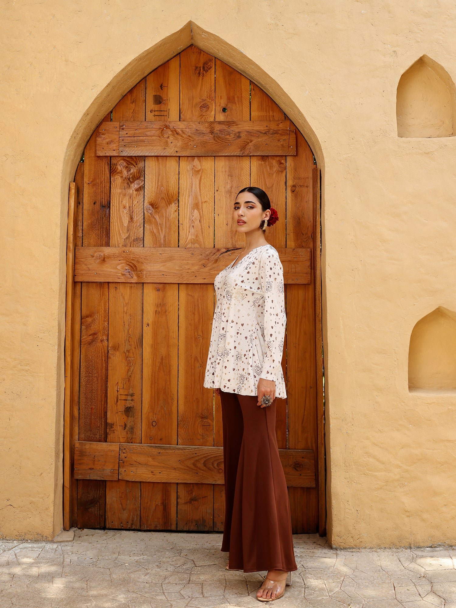 Women White Printed Pleated Peplum Top and Brown Flared Trousers Co-ord Set