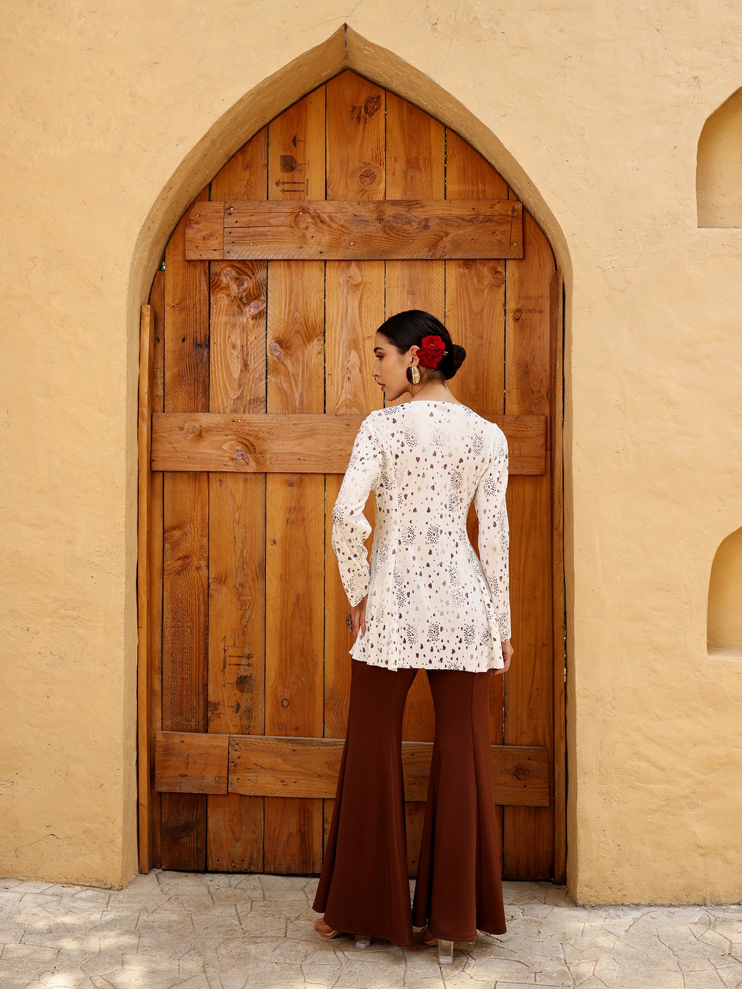 Women White Printed Pleated Peplum Top and Brown Flared Trousers Co-ord Set