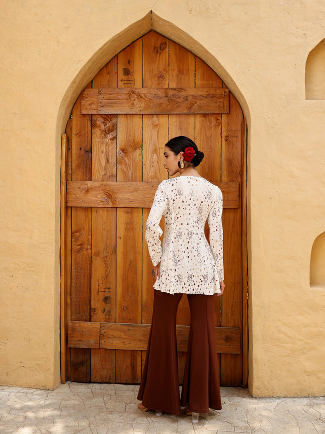 Women White Printed Pleated Peplum Top and Brown Flared Trousers Co-ord Set