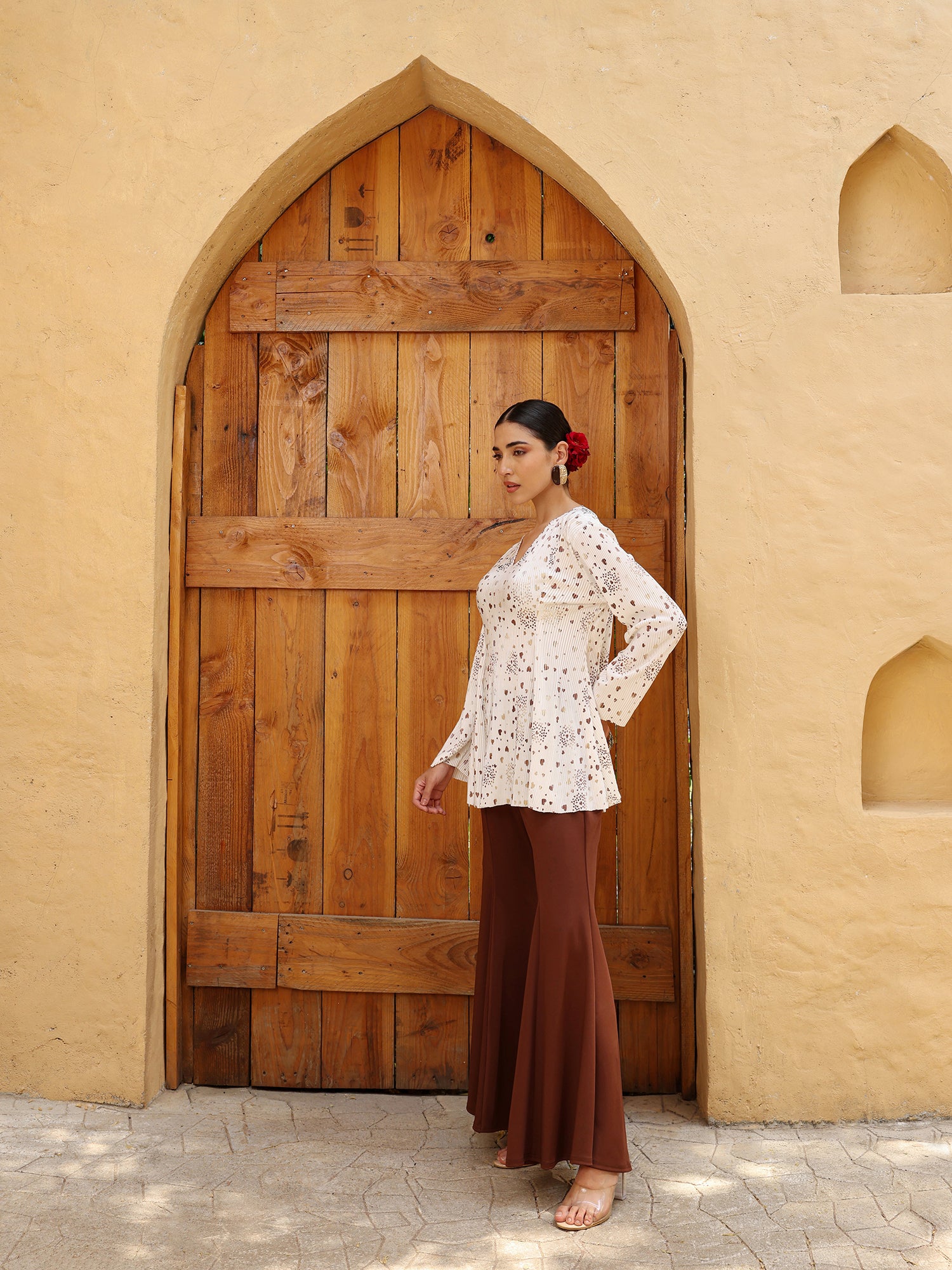 Women White Printed Pleated Peplum Top and Brown Flared Trousers Co-ord Set
