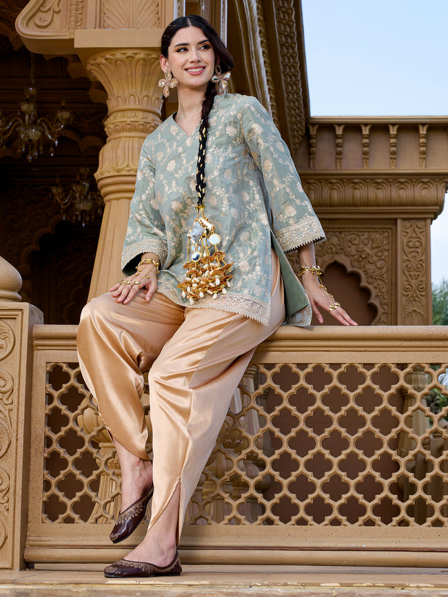 Women Sage Green Floral Brocade Straight Kurta with Salwar Set