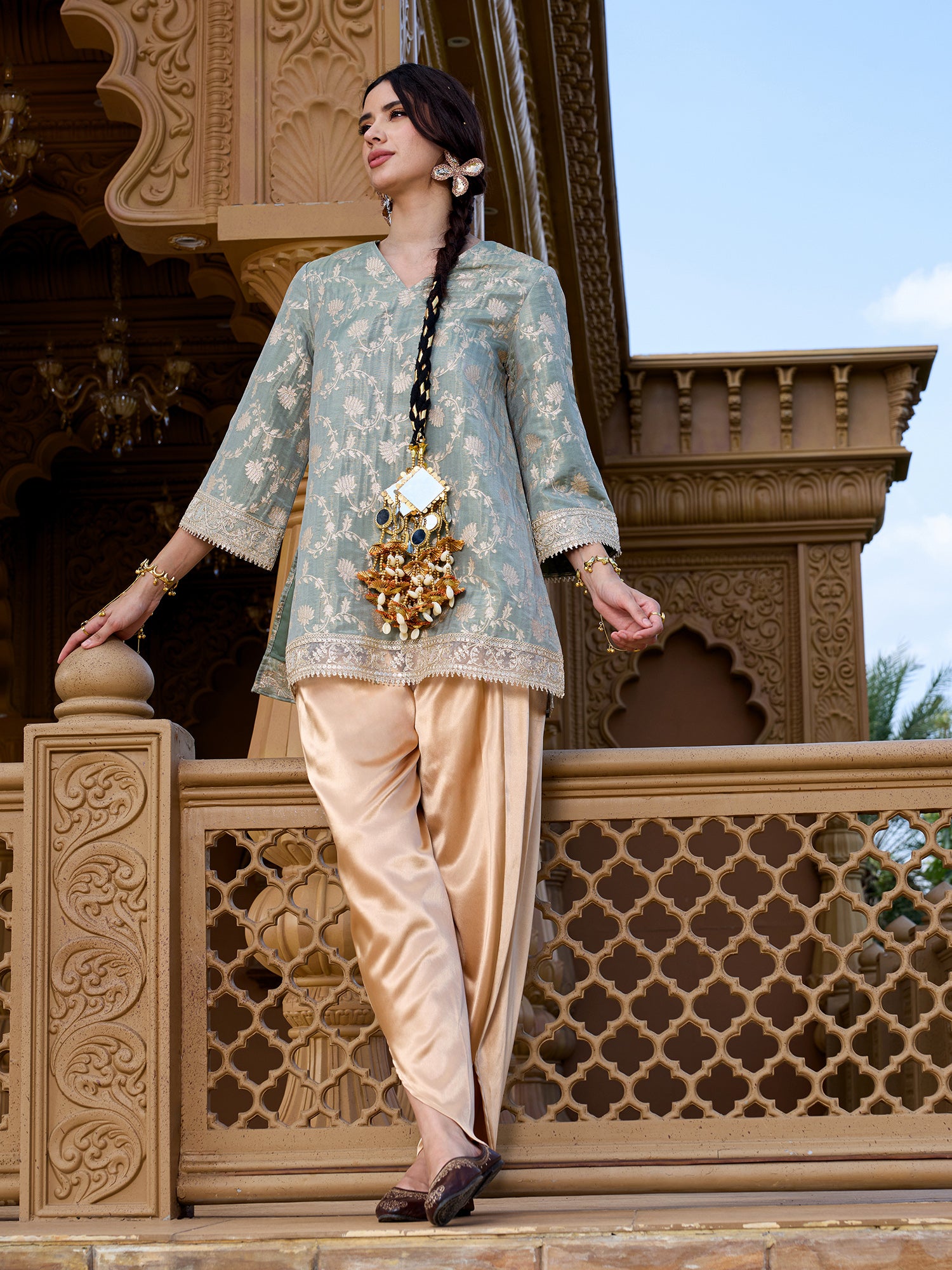 Women Sage Green Floral Brocade Straight Kurta with Salwar Set