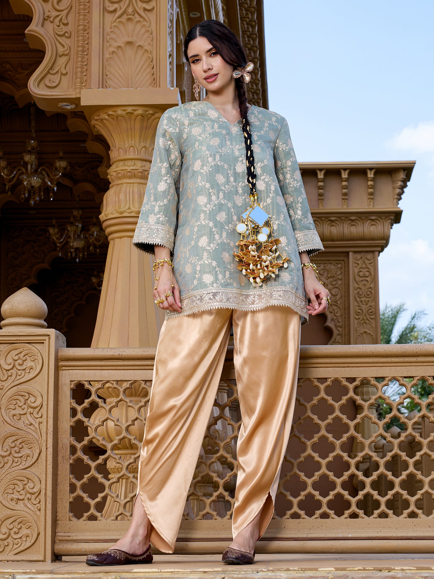 Women Sage Green Floral Brocade Straight Kurta with Salwar Set