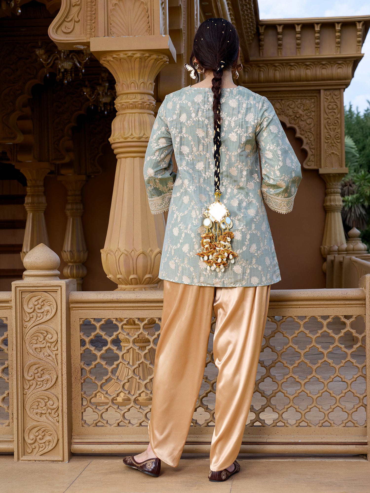 Women Sage Green Floral Brocade Straight Kurta with Salwar Set